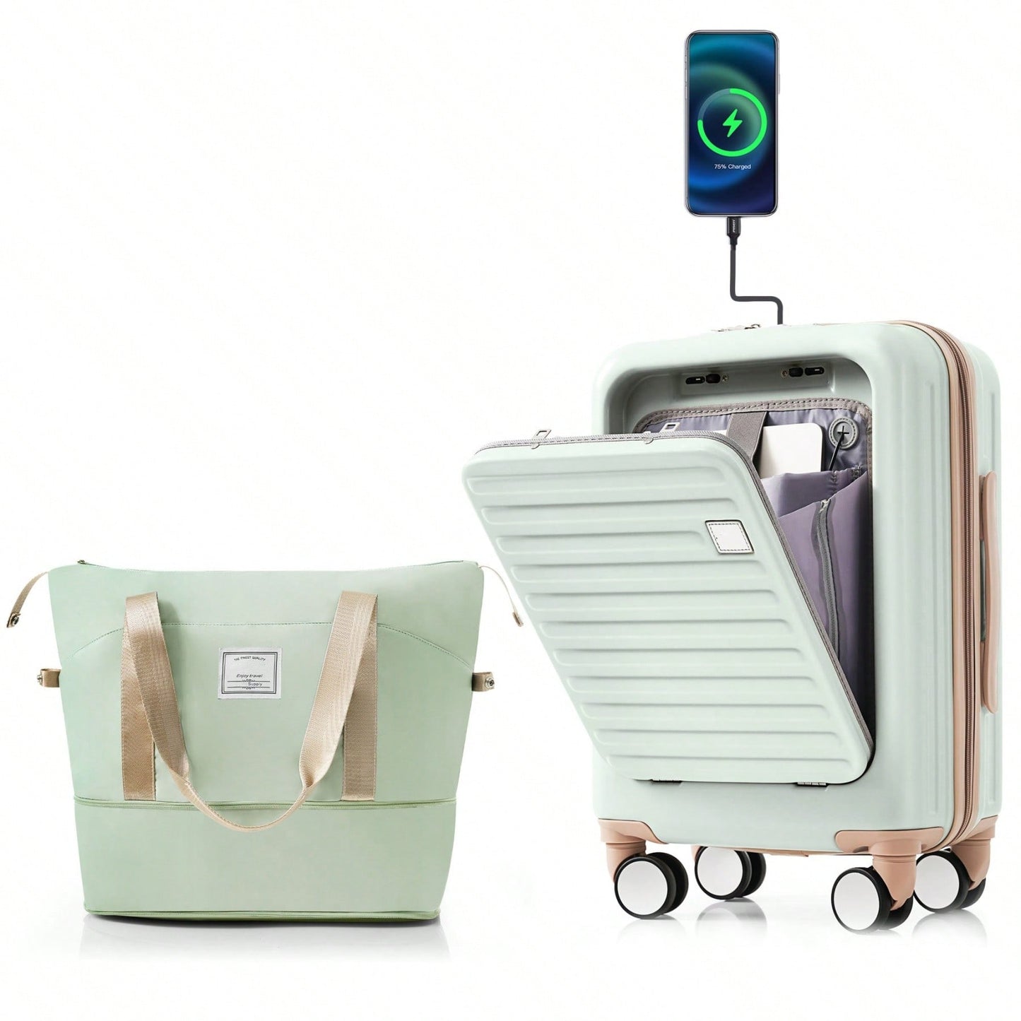 Front Opening 20-Inch Carry-On Luggage Set: Expandable Travel Bag With USB Port And Cup Holder