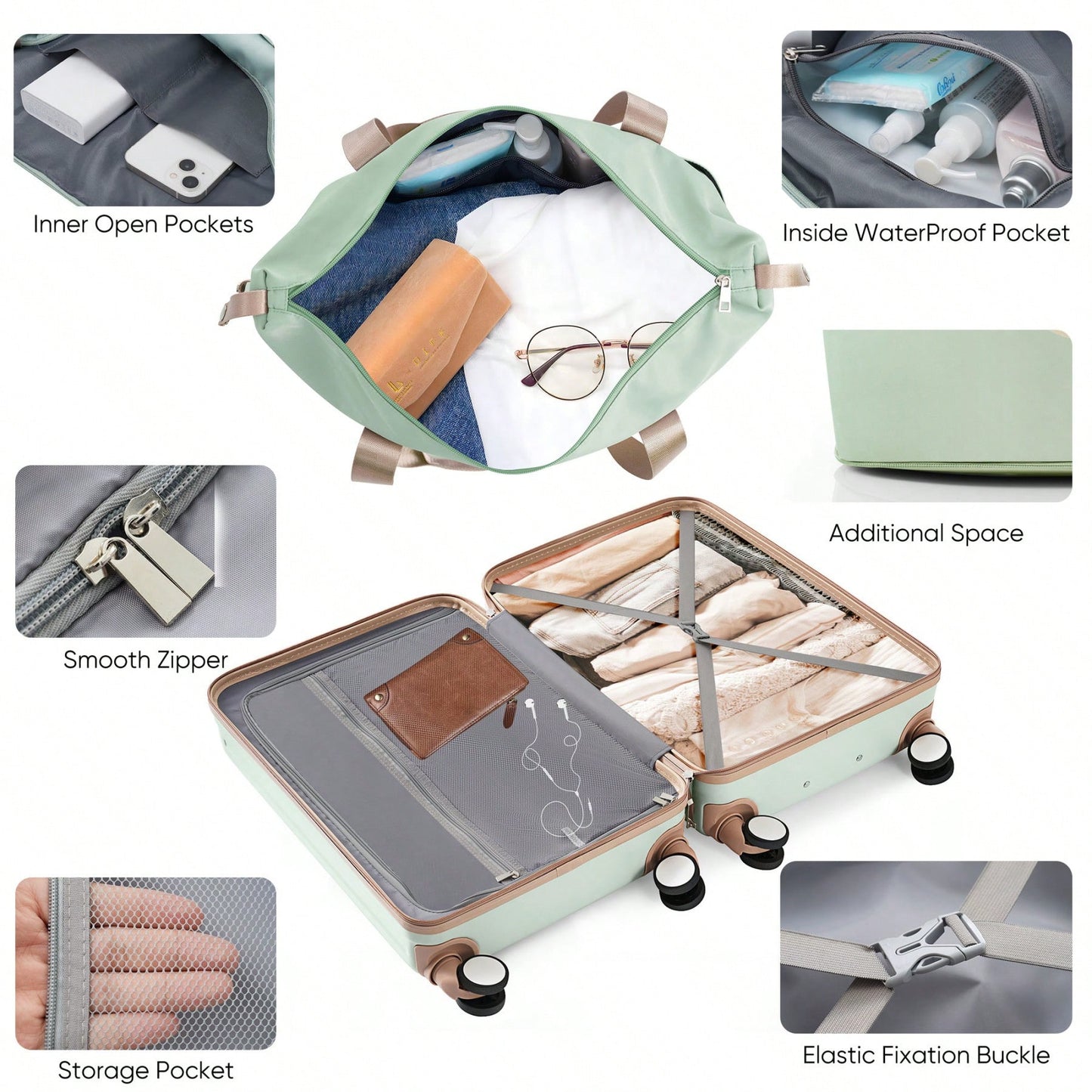 Front Opening 20-Inch Carry-On Luggage Set: Expandable Travel Bag With USB Port And Cup Holder