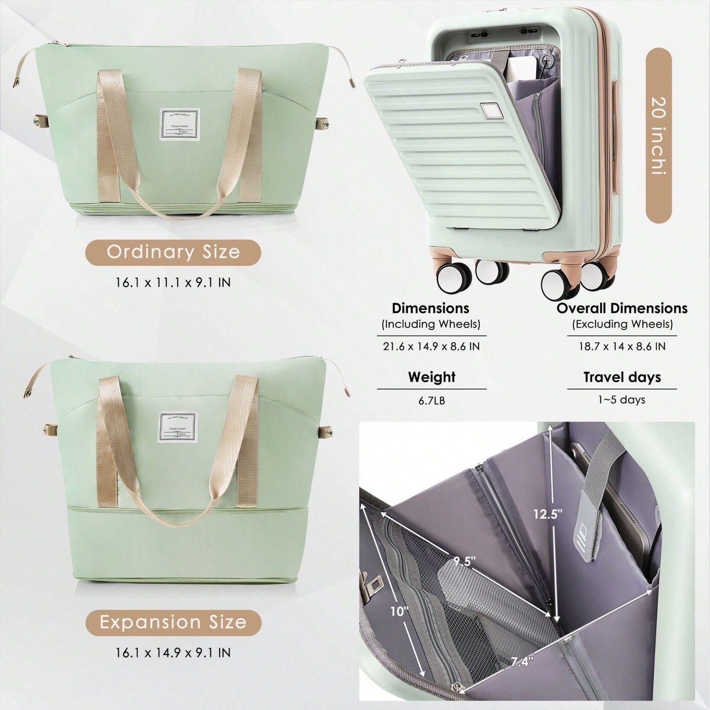 Front Opening 20-Inch Carry-On Luggage Set: Expandable Travel Bag With USB Port And Cup Holder