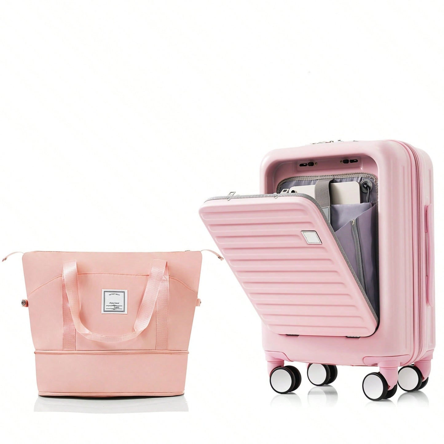 Front Opening 20-Inch Carry-On Luggage Set: Expandable Travel Bag With USB Port And Cup Holder