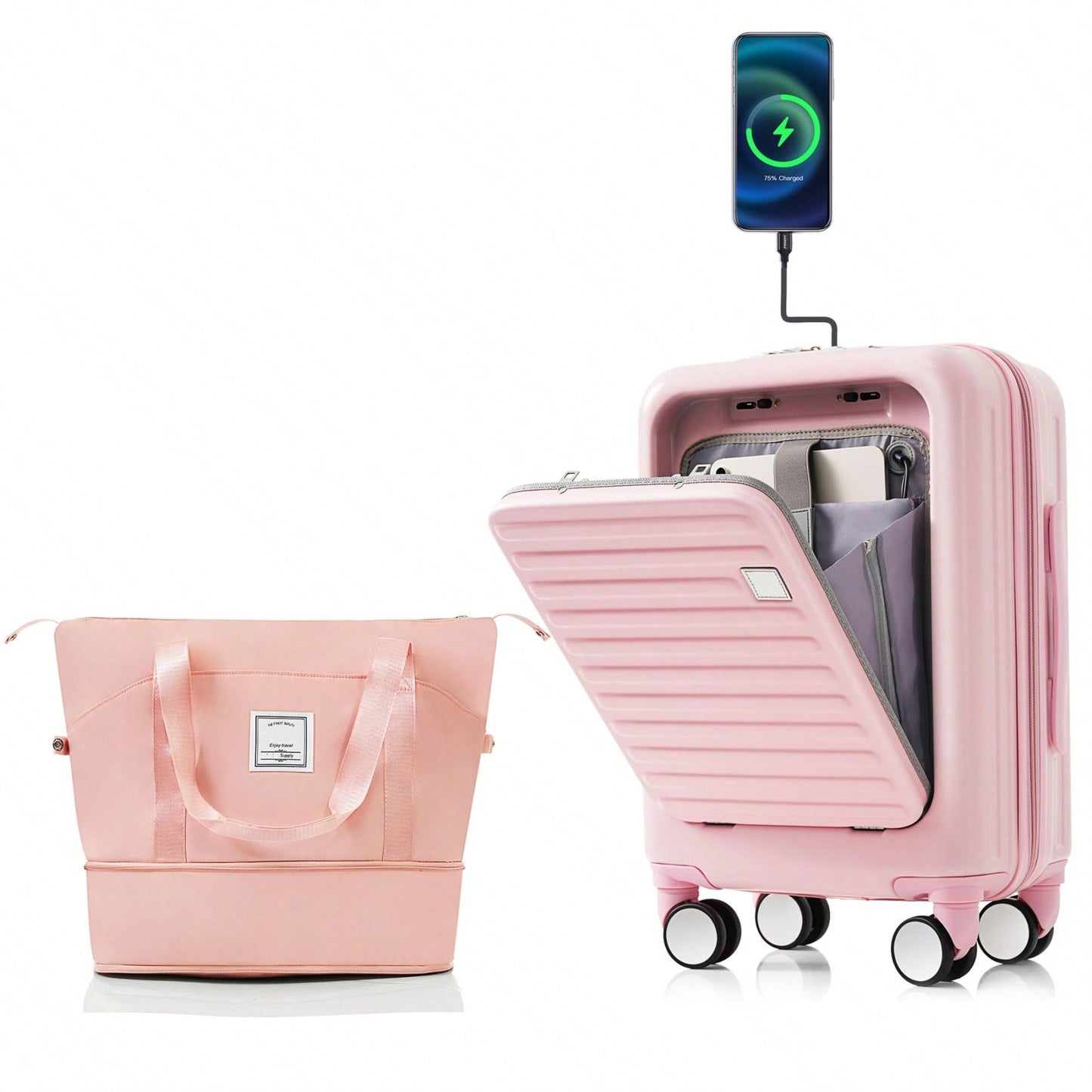 Front Opening 20-Inch Carry-On Luggage Set: Expandable Travel Bag With USB Port And Cup Holder