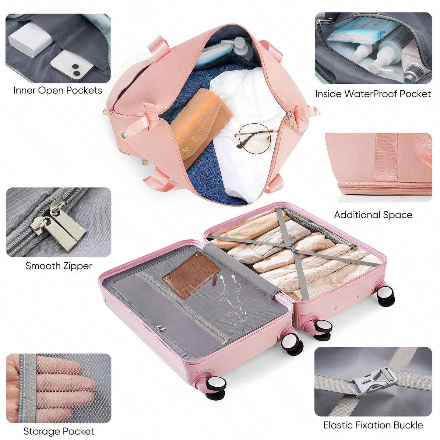 Front Opening 20-Inch Carry-On Luggage Set: Expandable Travel Bag With USB Port And Cup Holder