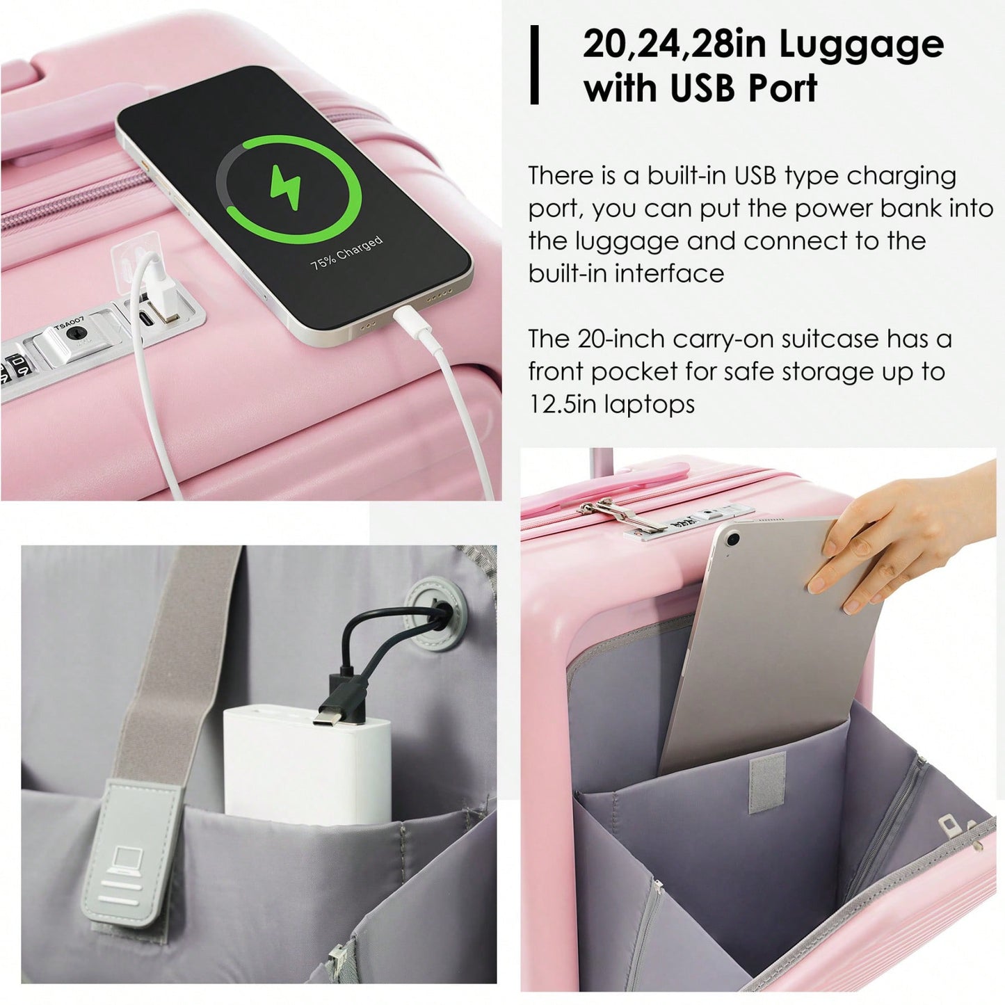 Front Opening 20-Inch Carry-On Luggage Set: Expandable Travel Bag With USB Port And Cup Holder