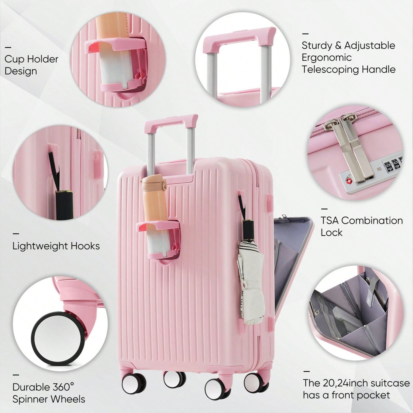 Front Opening 20-Inch Carry-On Luggage Set: Expandable Travel Bag With USB Port And Cup Holder