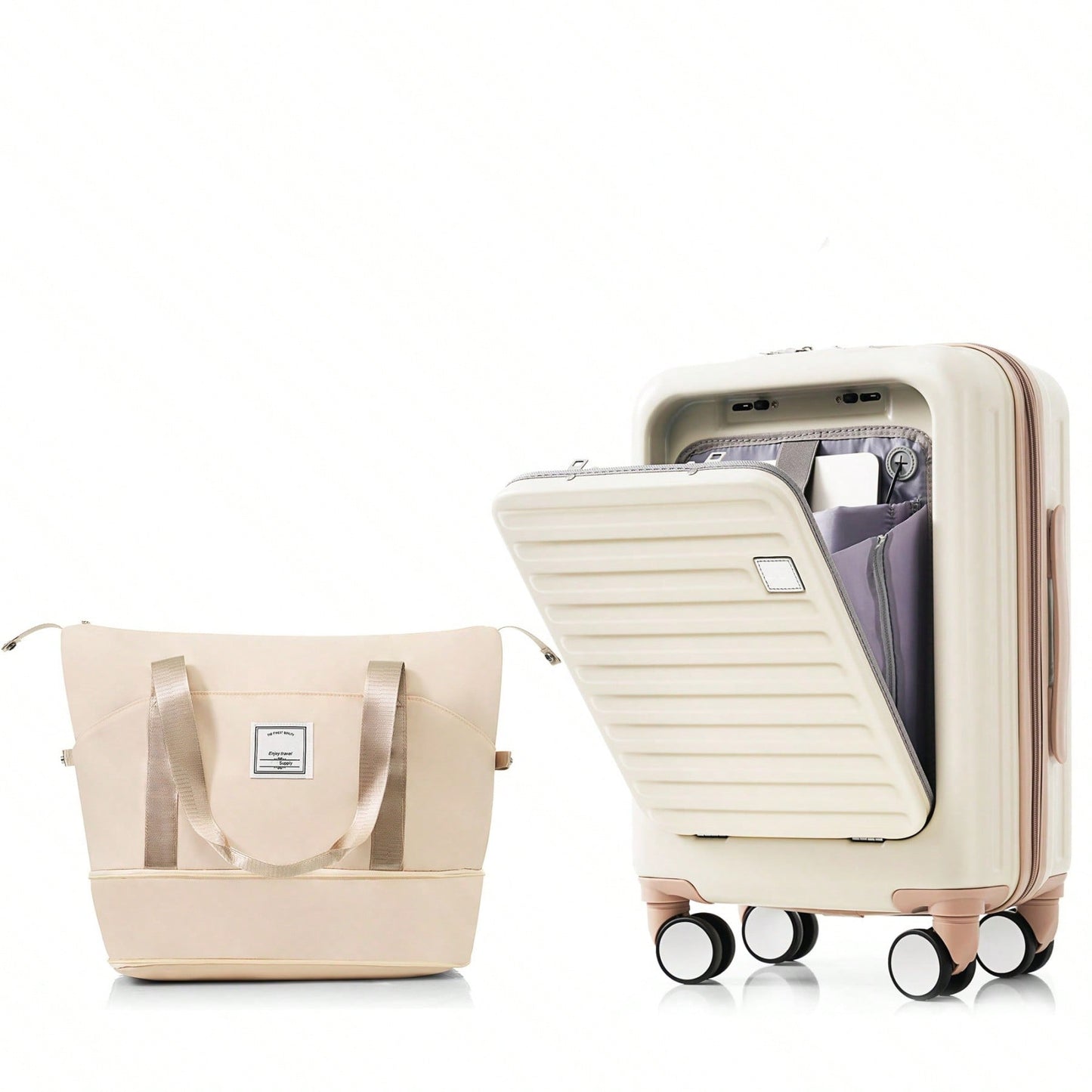 Front Opening 20-Inch Carry-On Luggage Set: Expandable Travel Bag With USB Port And Cup Holder