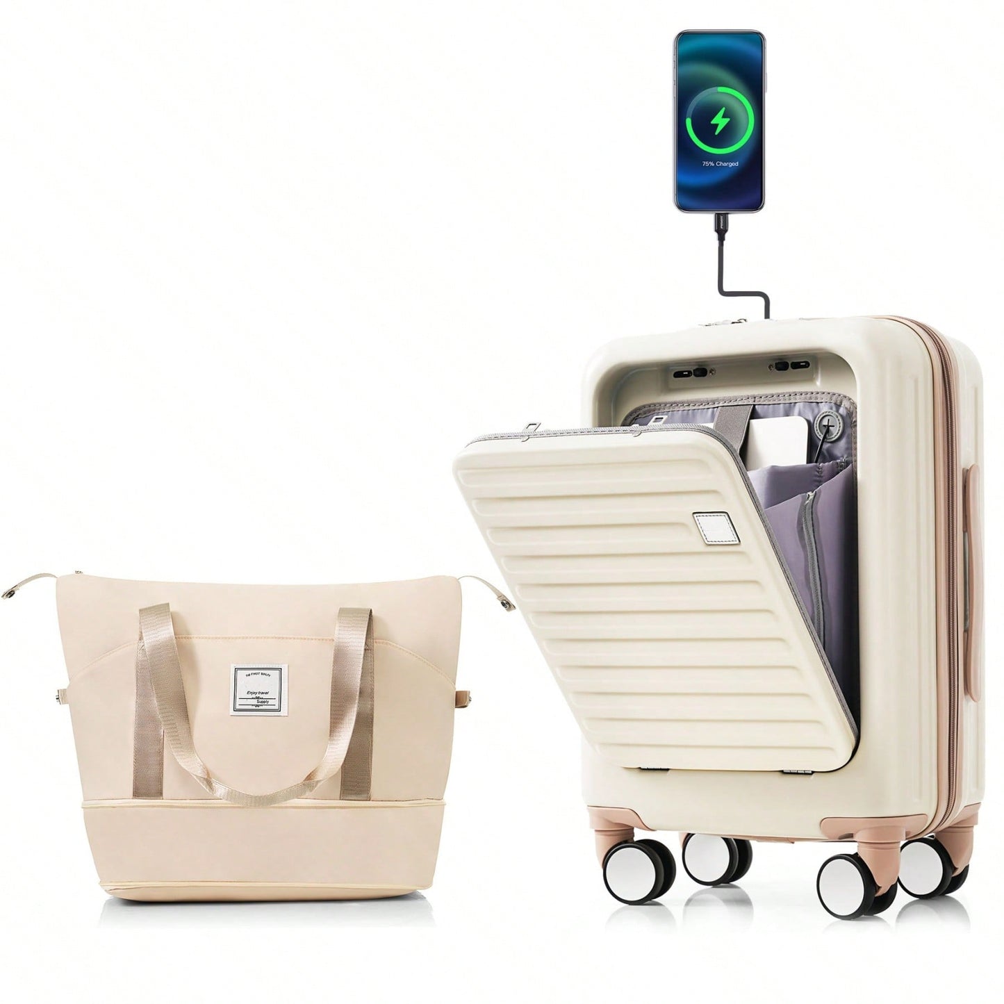Front Opening 20-Inch Carry-On Luggage Set: Expandable Travel Bag With USB Port And Cup Holder