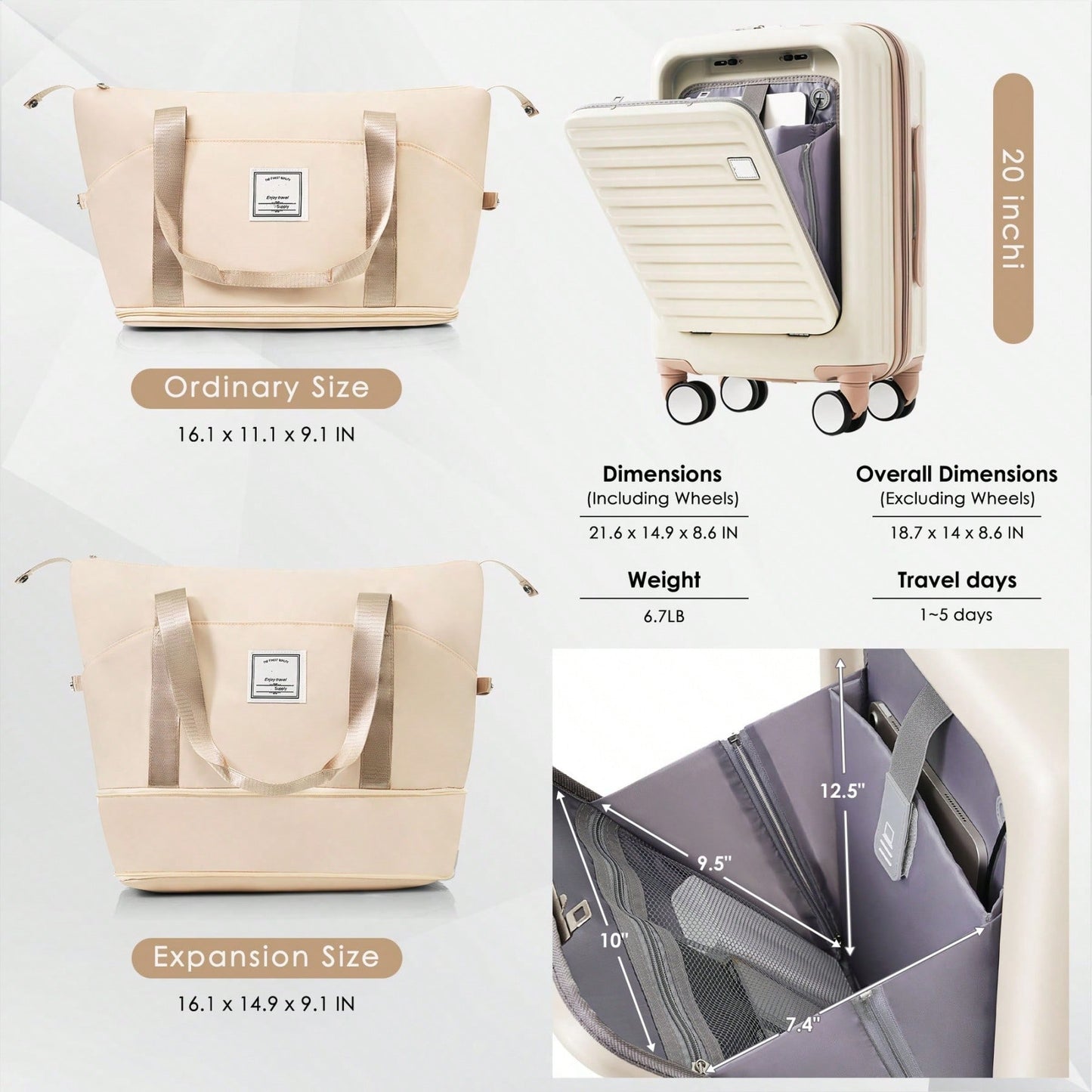 Front Opening 20-Inch Carry-On Luggage Set: Expandable Travel Bag With USB Port And Cup Holder