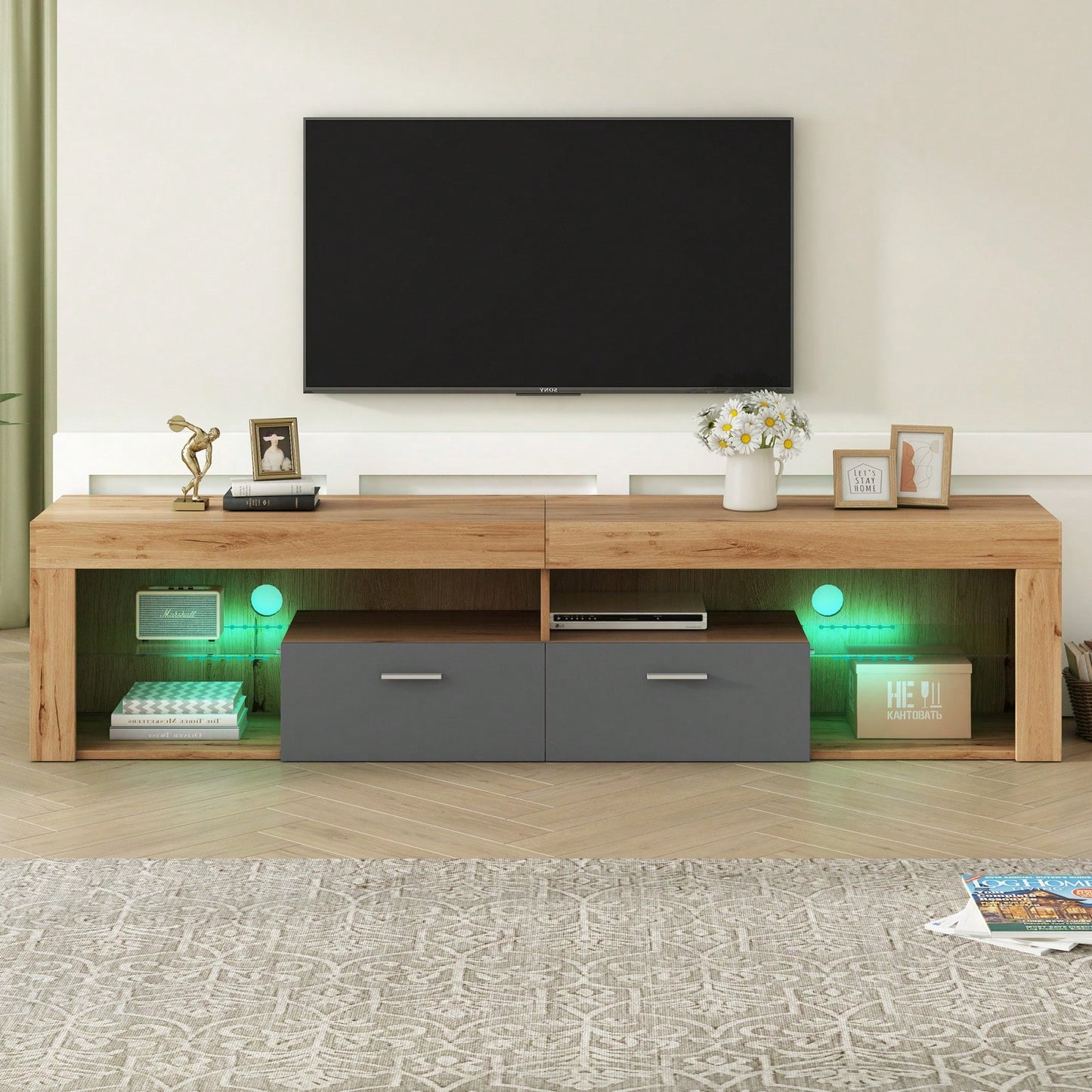 Modern Minimalist TV Stand for Up to 80 Inch TVs with LED Lights, 6 Storage Cabinets, Cable Management, Water Resistant Surface