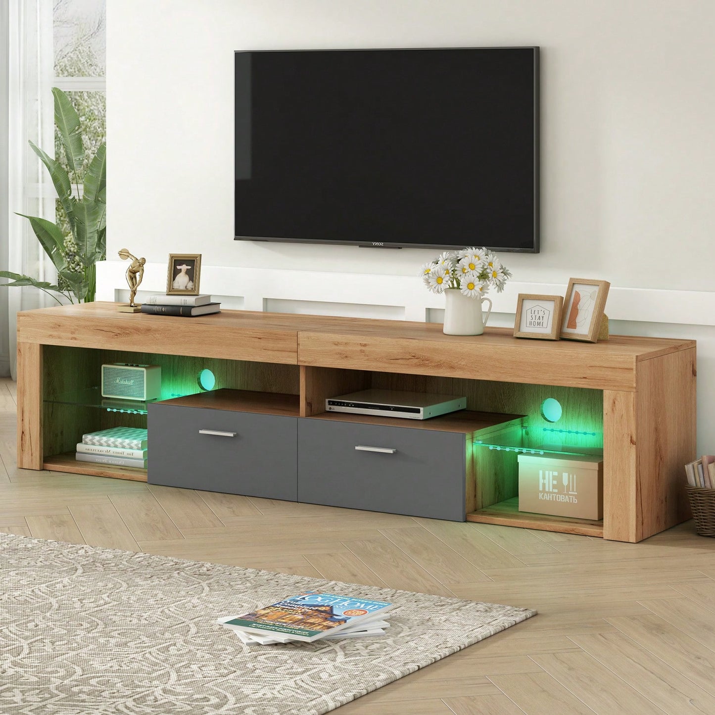 Modern Minimalist TV Stand for Up to 80 Inch TVs with LED Lights, 6 Storage Cabinets, Cable Management, Water Resistant Surface
