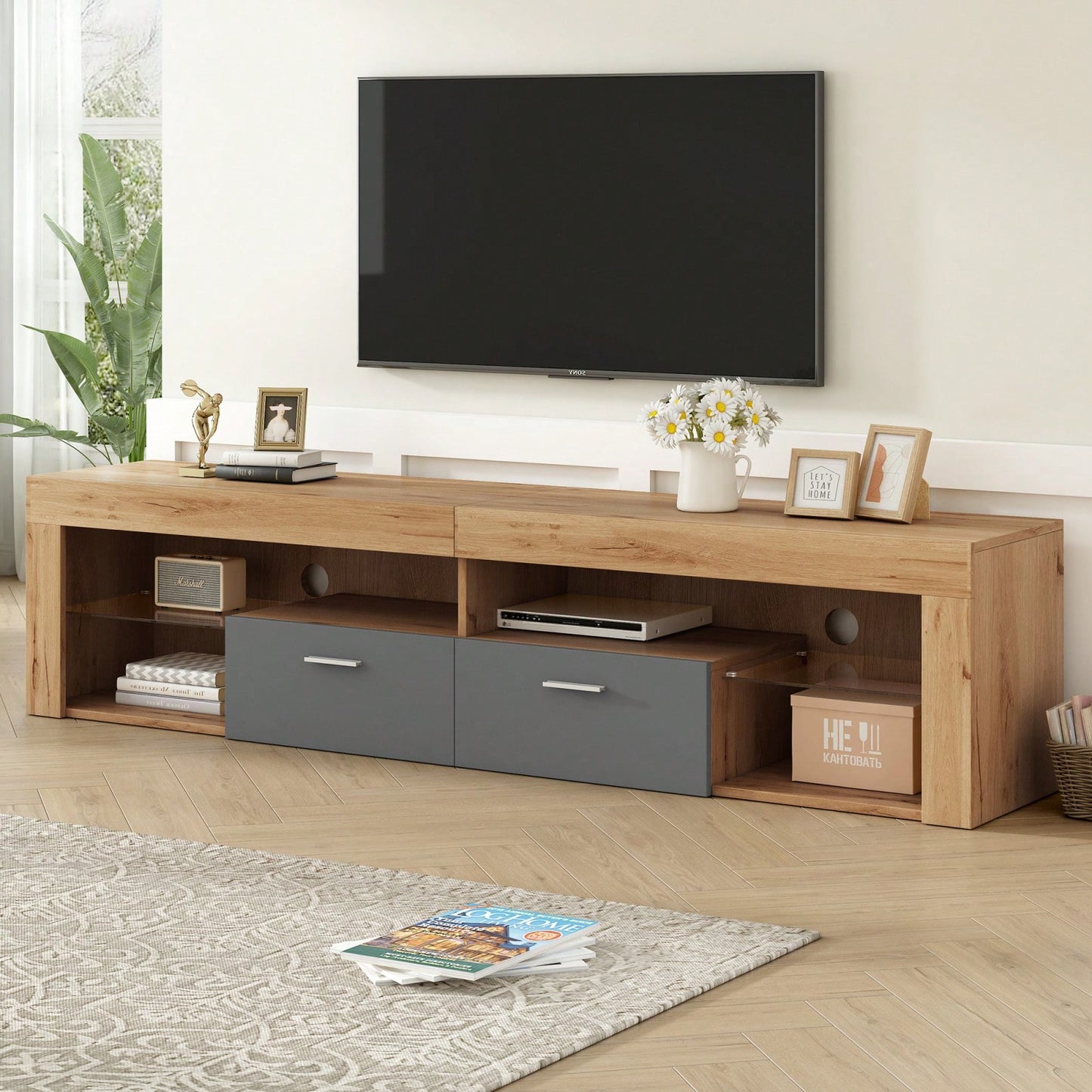 Modern Minimalist TV Stand for Up to 80 Inch TVs with LED Lights, 6 Storage Cabinets, Cable Management, Water Resistant Surface