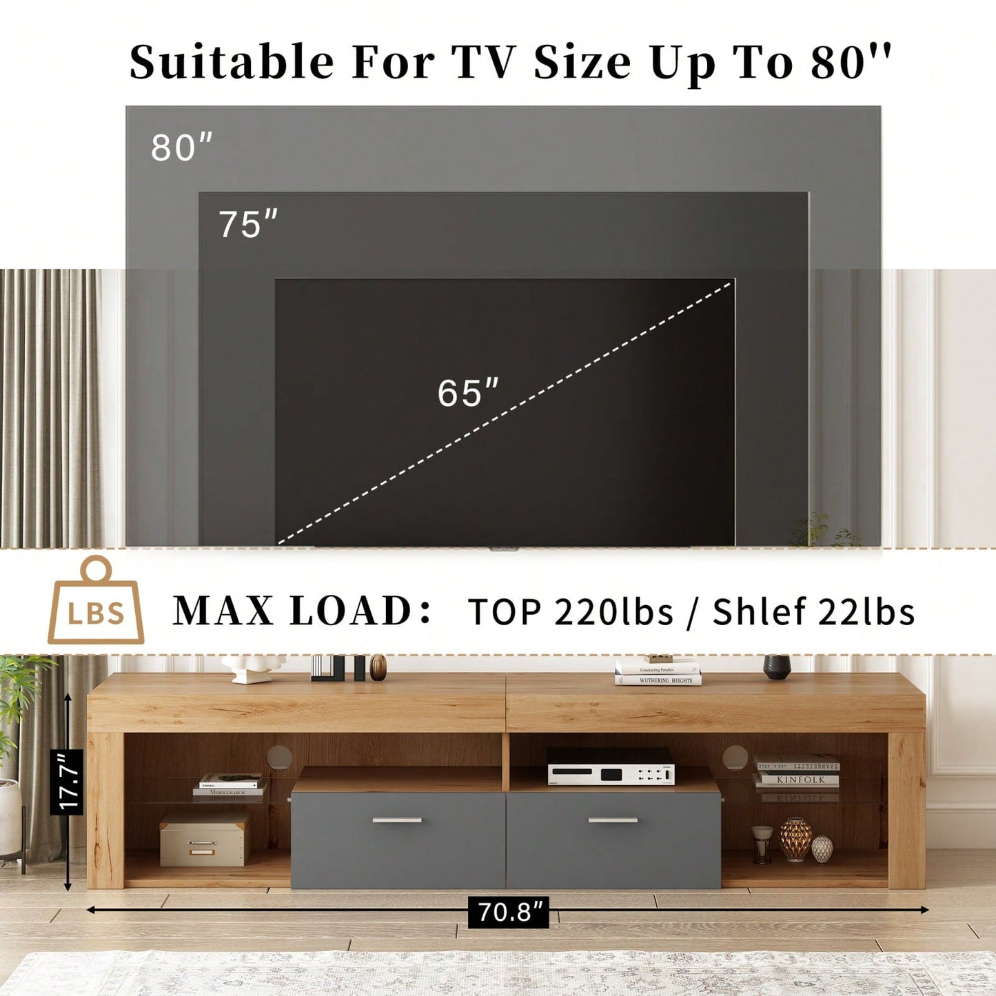 Modern Minimalist TV Stand for Up to 80 Inch TVs with LED Lights, 6 Storage Cabinets, Cable Management, Water Resistant Surface