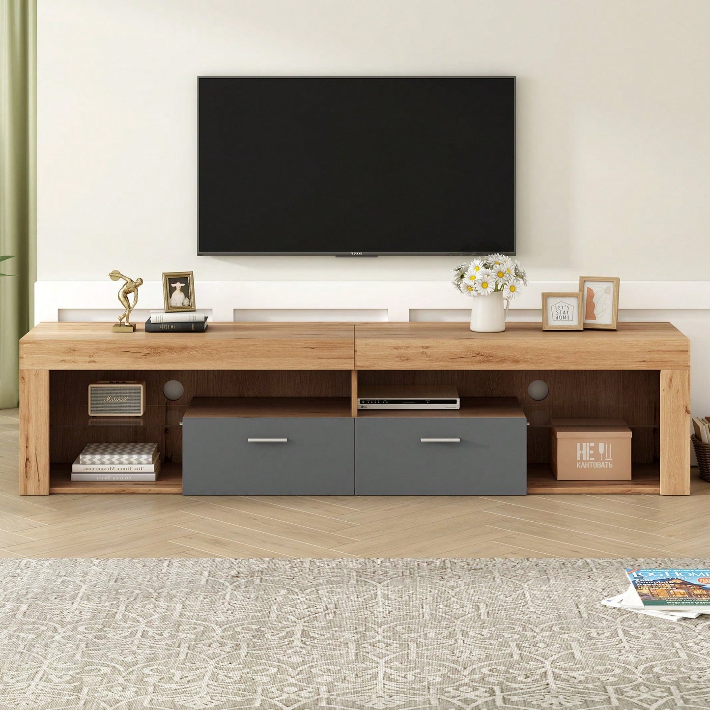 Modern Minimalist TV Stand for Up to 80 Inch TVs with LED Lights, 6 Storage Cabinets, Cable Management, Water Resistant Surface