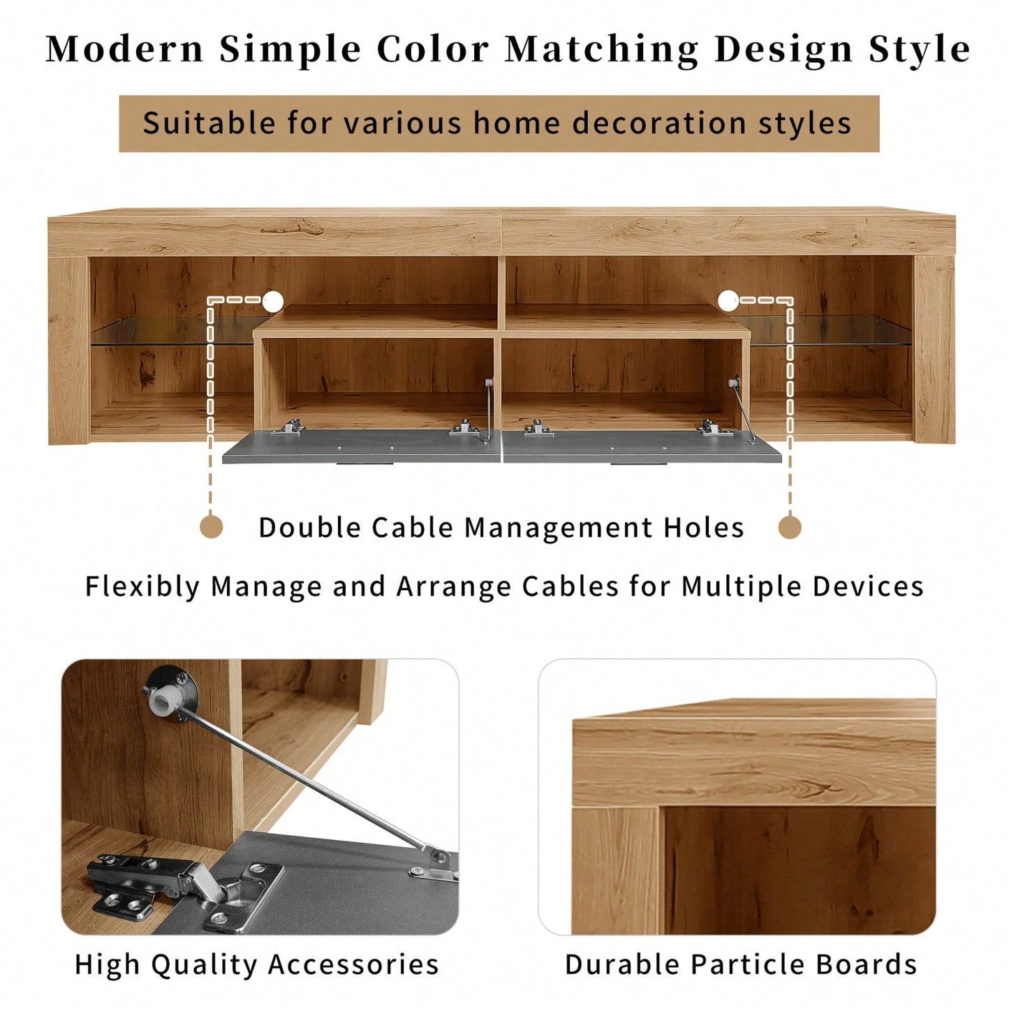 Modern Minimalist TV Stand for Up to 80 Inch TVs with LED Lights, 6 Storage Cabinets, Cable Management, Water Resistant Surface