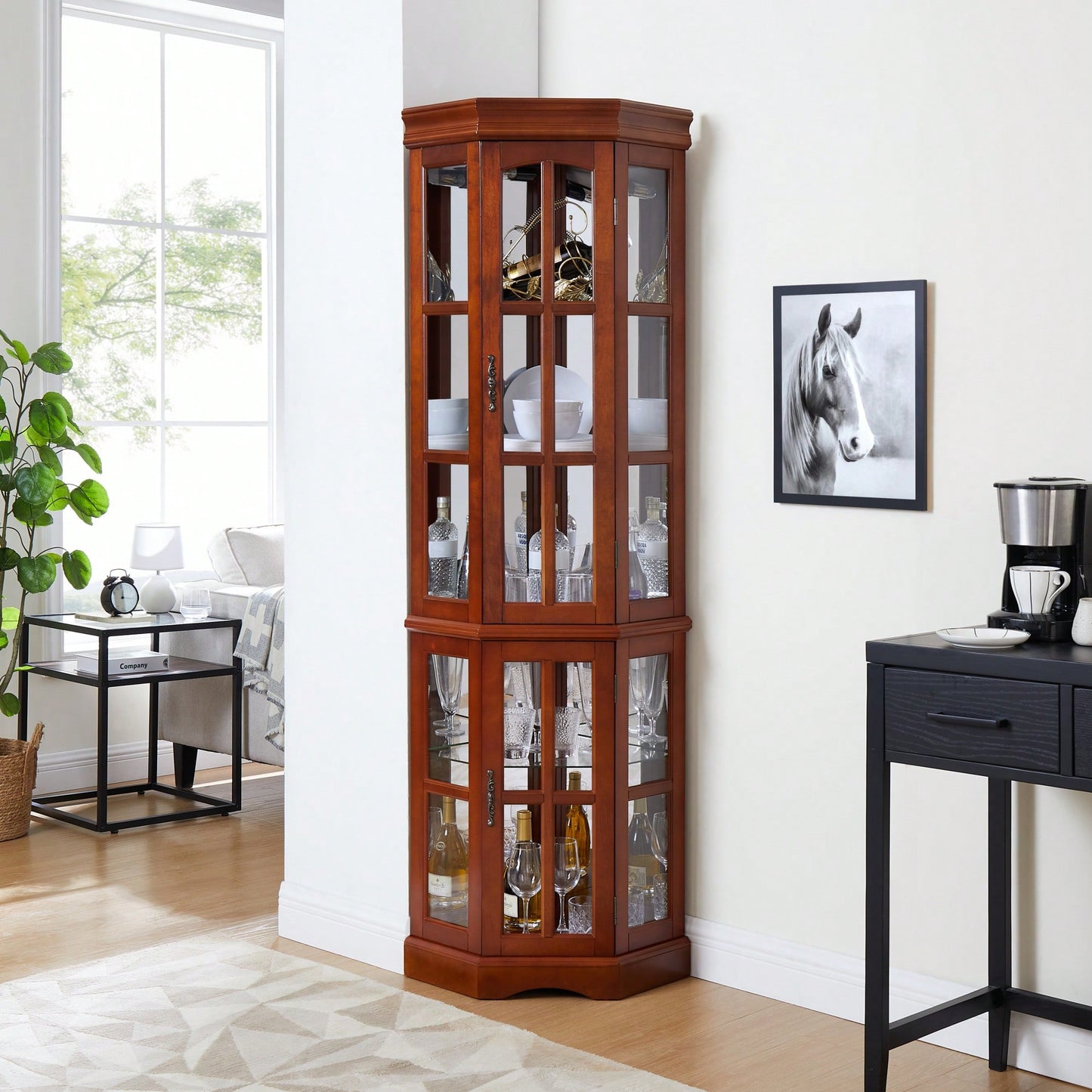 Elegant Corner Curio Cabinet With Adjustable Glass Shelves And Integrated Lighting System