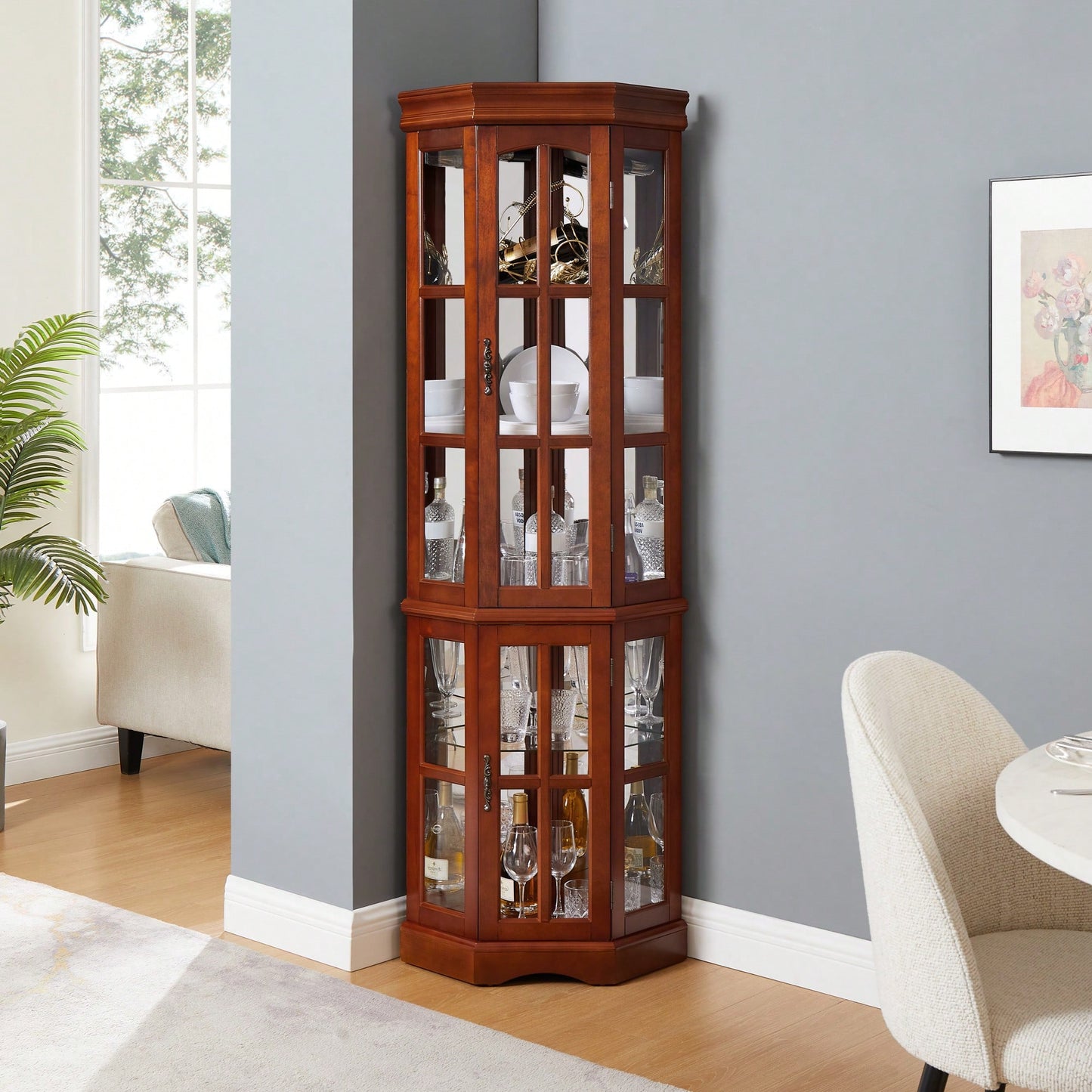 Elegant Corner Curio Cabinet With Adjustable Glass Shelves And Integrated Lighting System