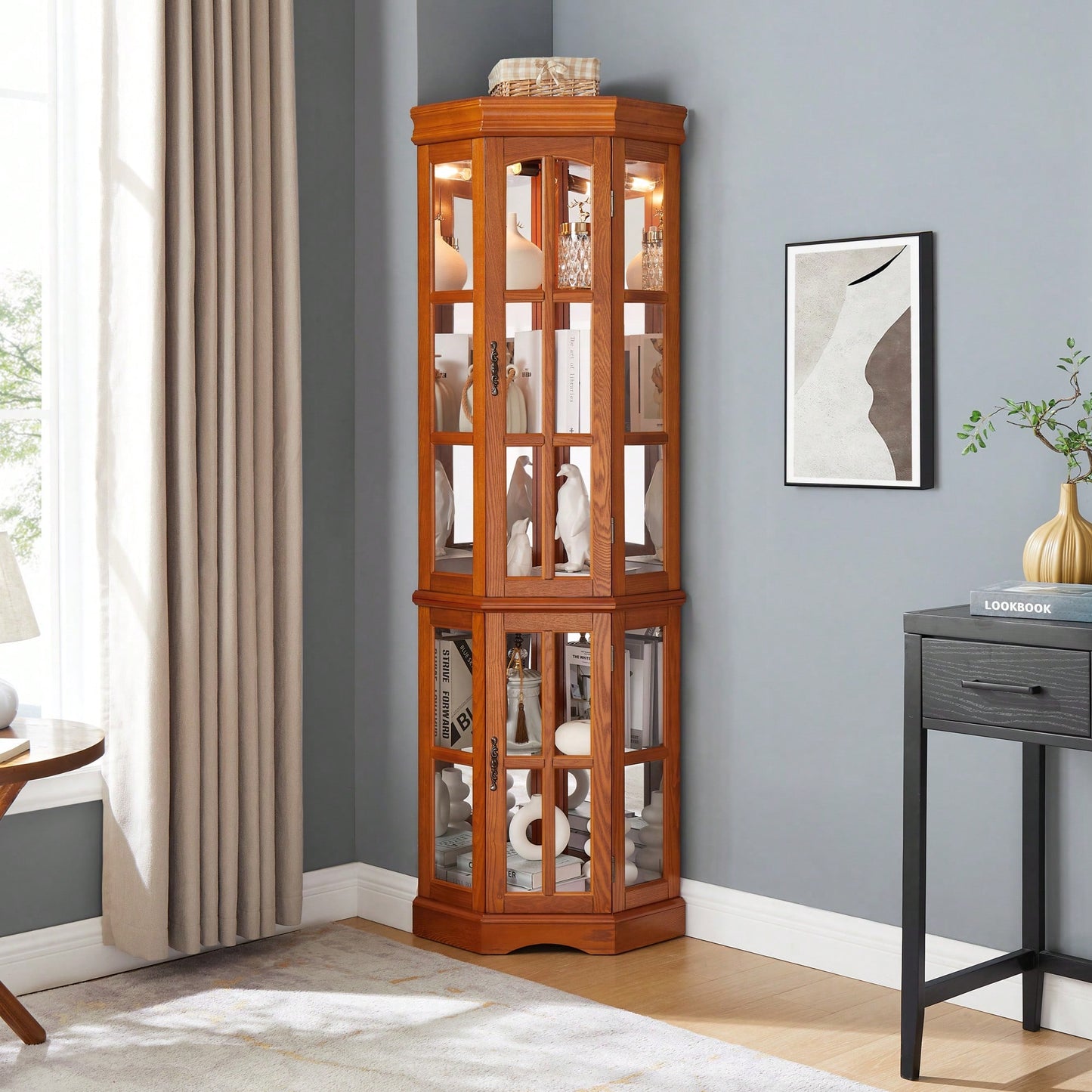 Elegant Corner Curio Cabinet With Adjustable Glass Shelves And Integrated Lighting System