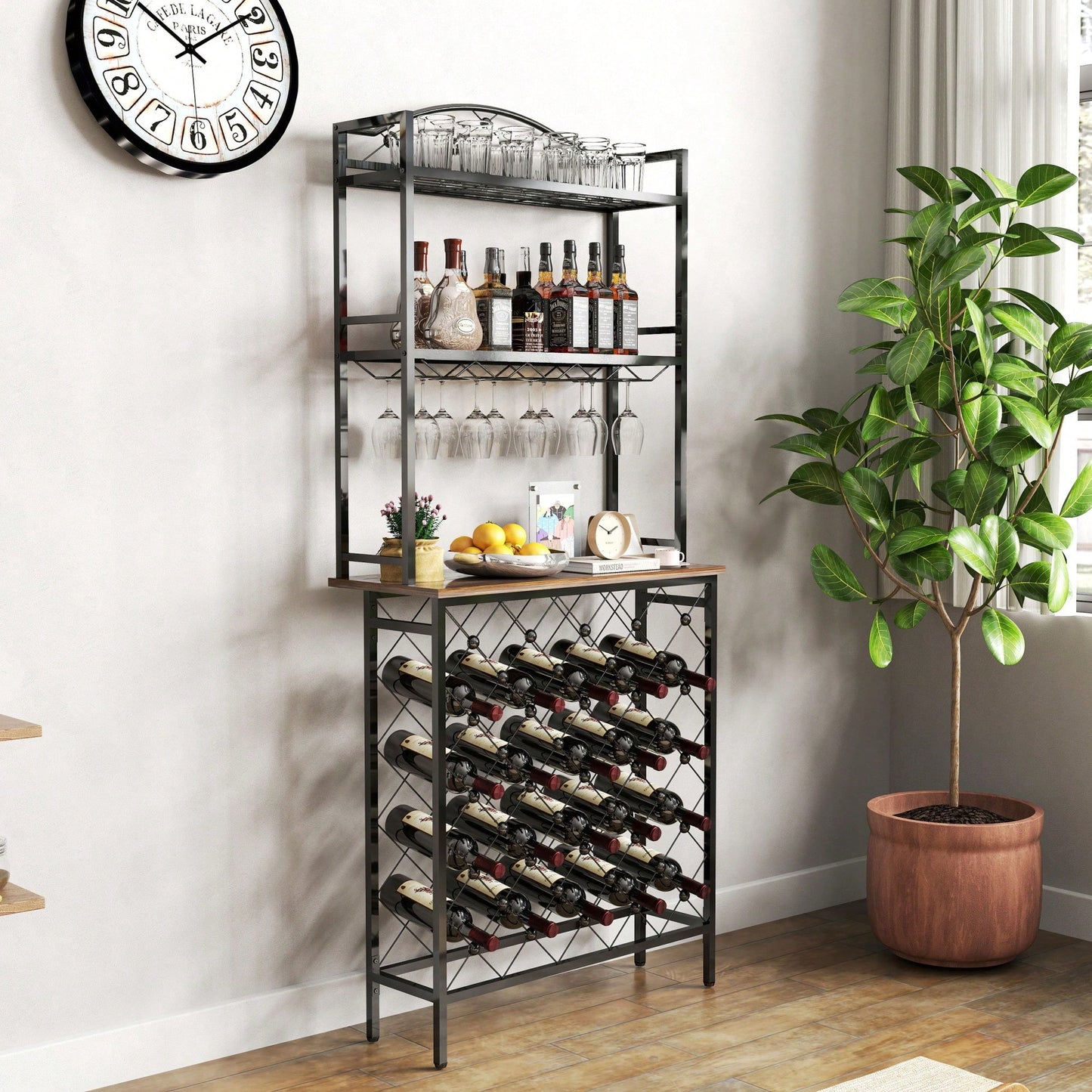 Industrial 3-Tier Wine Rack Bar Table With Glass Holder And Storage Shelves For Home Kitchen Dining Room Living Room