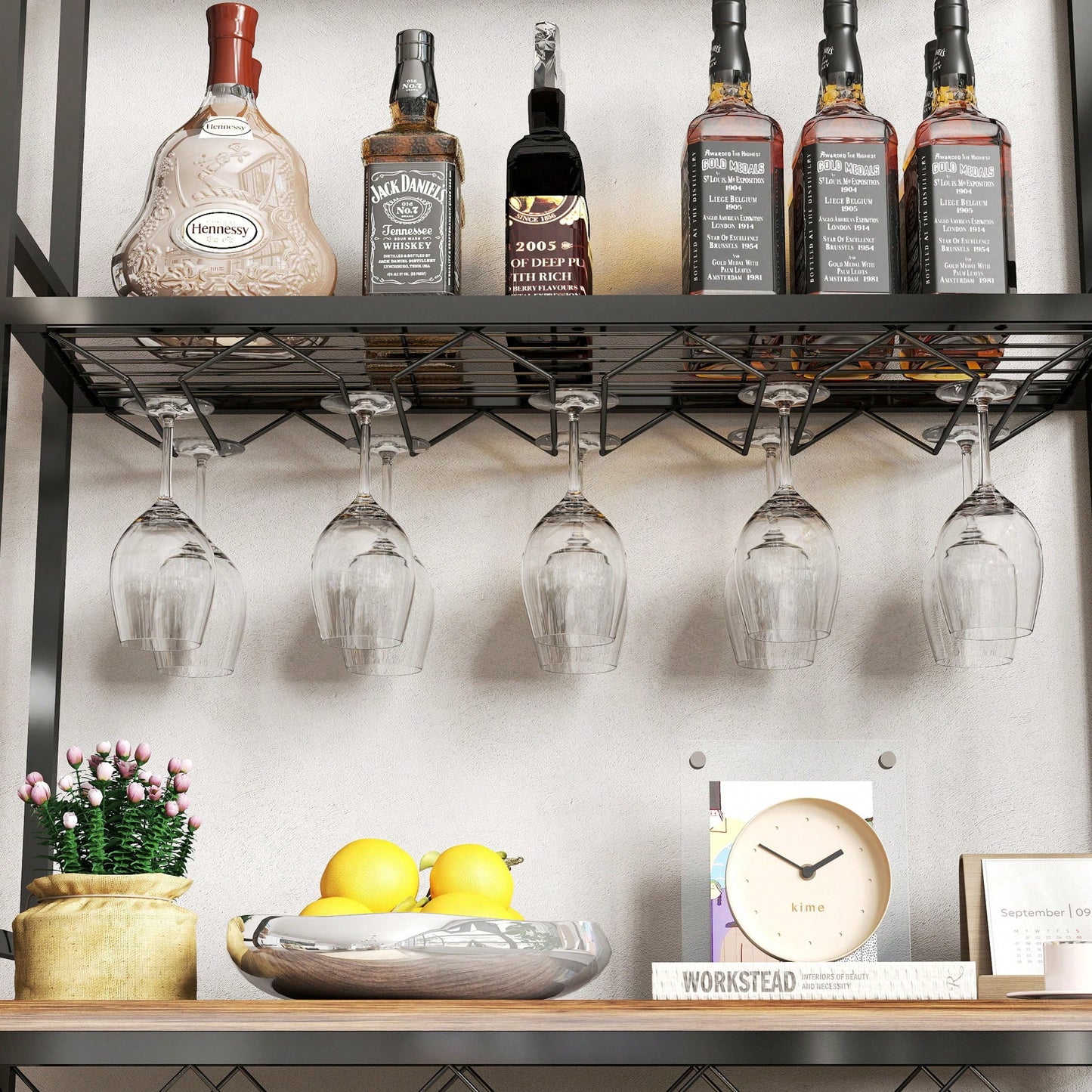 Industrial 3-Tier Wine Rack Bar Table With Glass Holder And Storage Shelves For Home Kitchen Dining Room Living Room