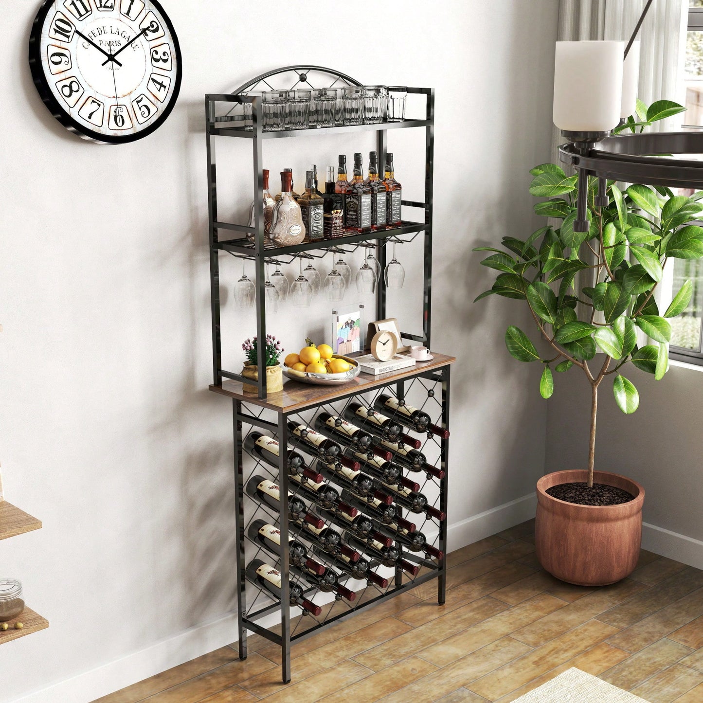 Industrial 3-Tier Wine Rack Bar Table With Glass Holder And Storage Shelves For Home Kitchen Dining Room Living Room