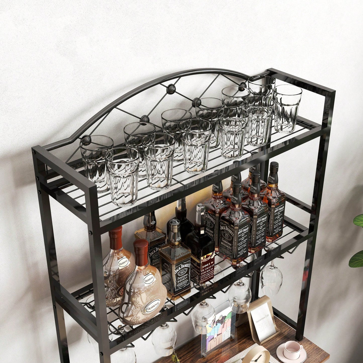 Industrial 3-Tier Wine Rack Bar Table With Glass Holder And Storage Shelves For Home Kitchen Dining Room Living Room