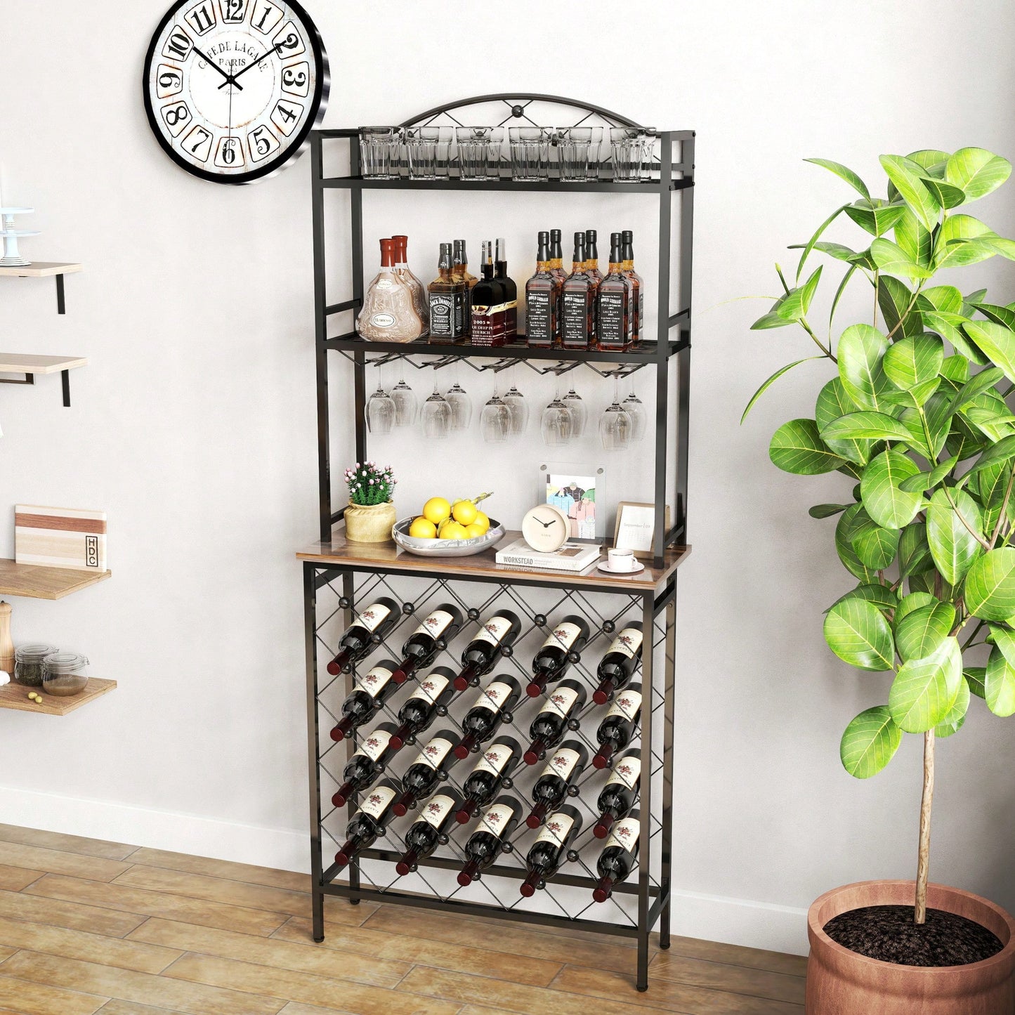Industrial 3-Tier Wine Rack Bar Table With Glass Holder And Storage Shelves For Home Kitchen Dining Room Living Room