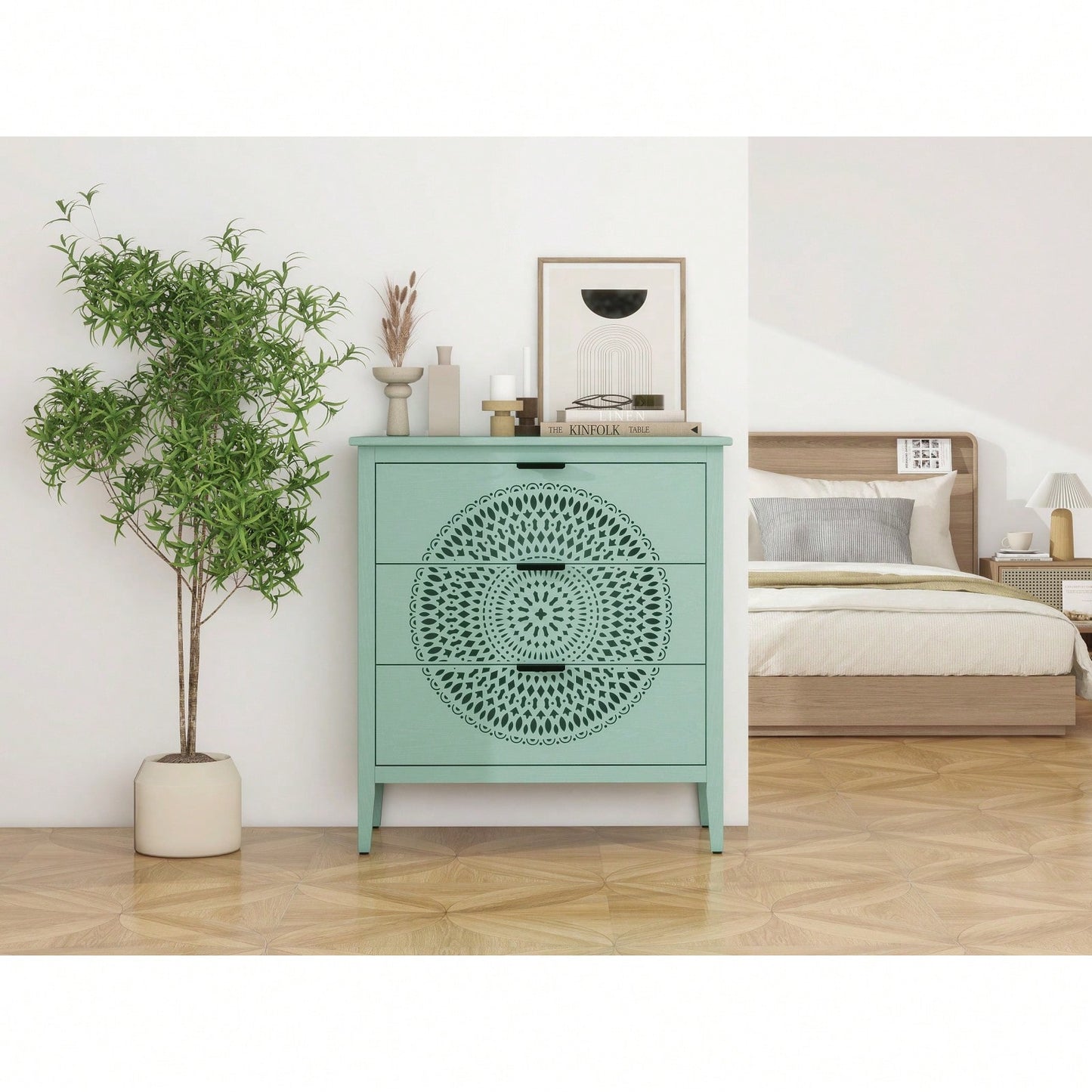 Hollow-Carved 3 Drawer Storage Chest With Metal Handles For Entryway Living Room Bedroom, Sturdy Pine Legs And Anti-Tipping Device