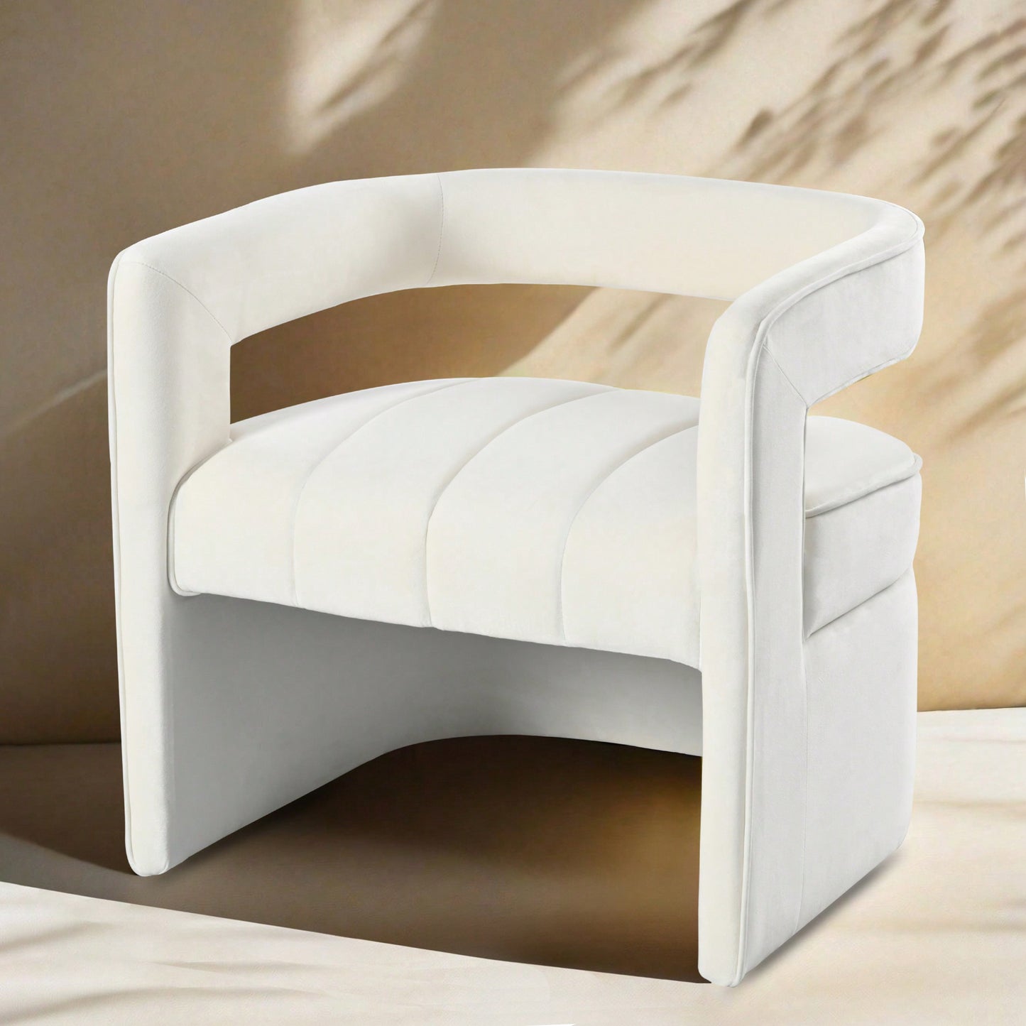 Luxury Curved Velvet Accent Chair With Ribbed Detailing - Ivory White Fully Upholstered Design, No Assembly Required