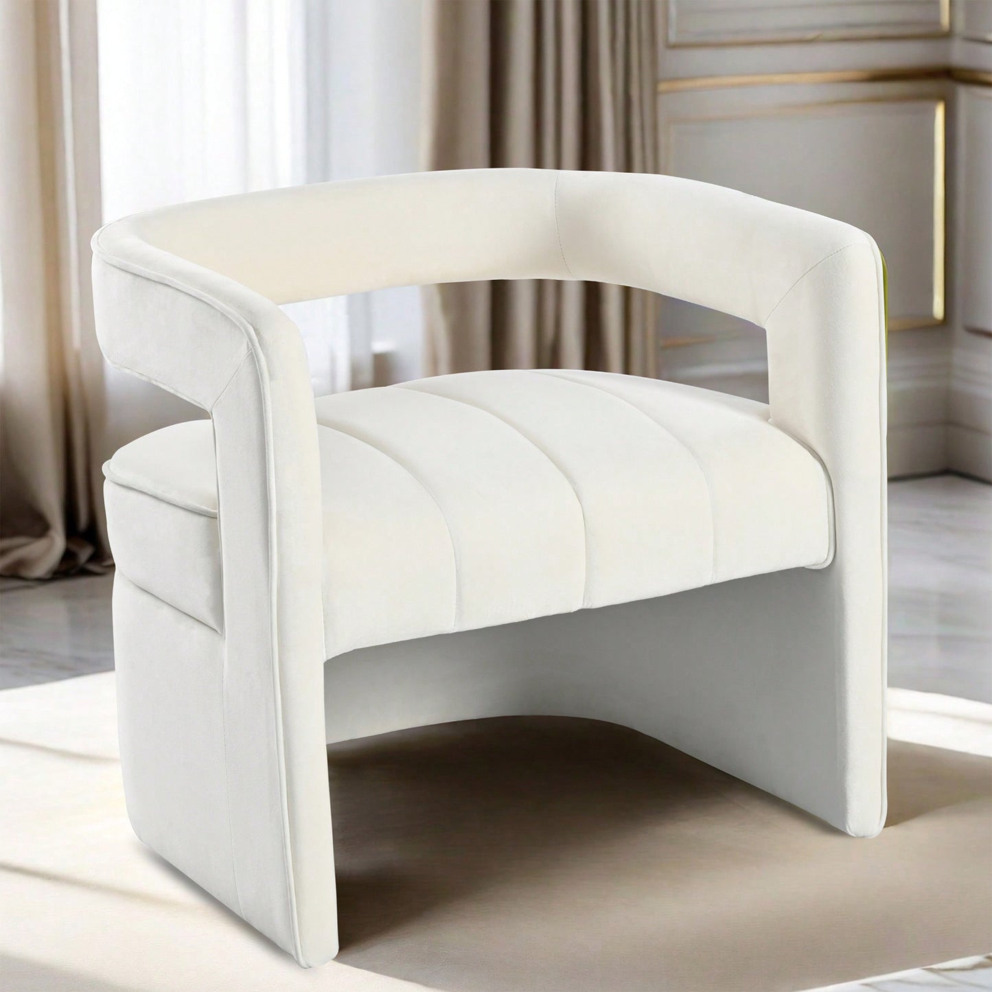 Luxury Curved Velvet Accent Chair With Ribbed Detailing - Ivory White Fully Upholstered Design, No Assembly Required