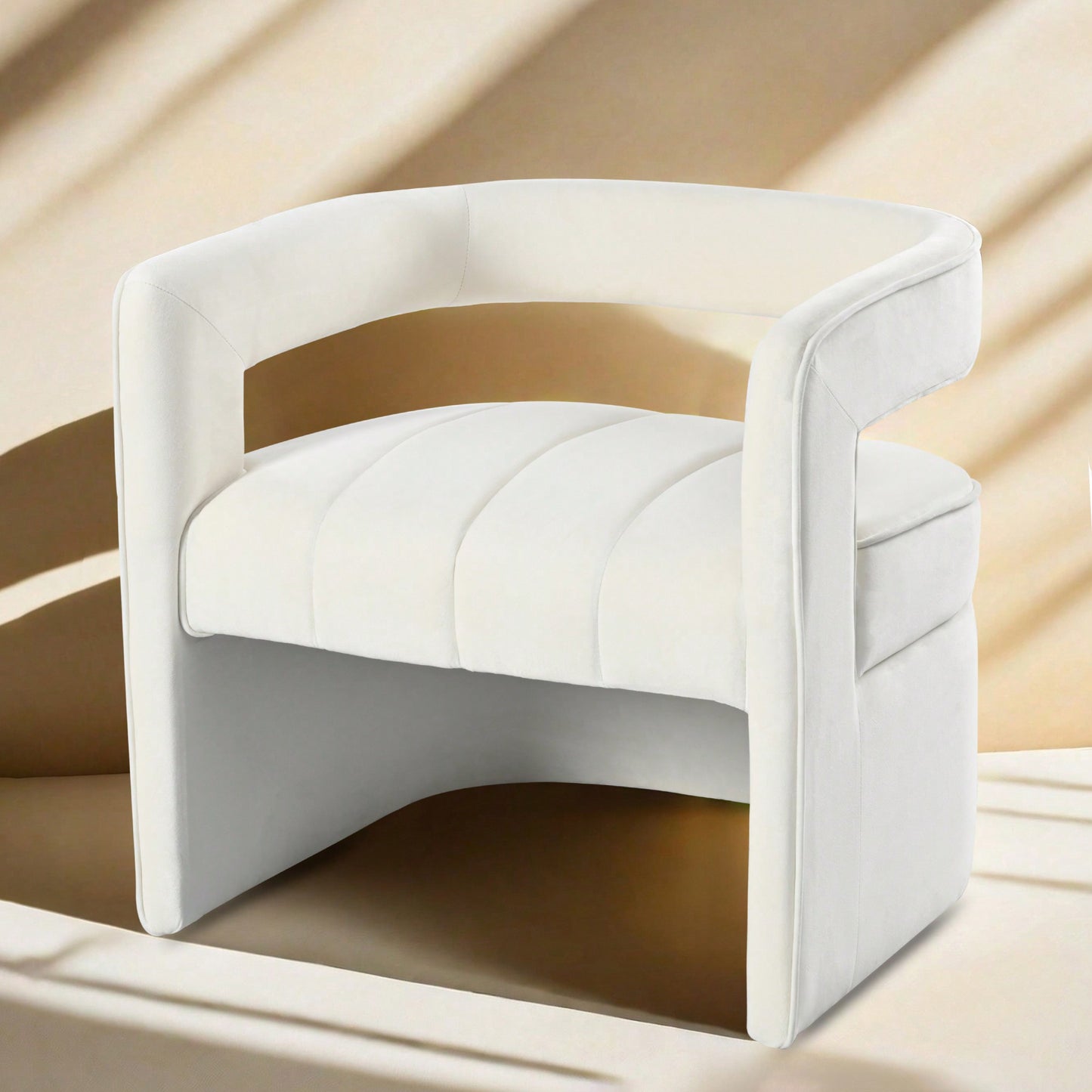 Luxury Curved Velvet Accent Chair With Ribbed Detailing - Ivory White Fully Upholstered Design, No Assembly Required
