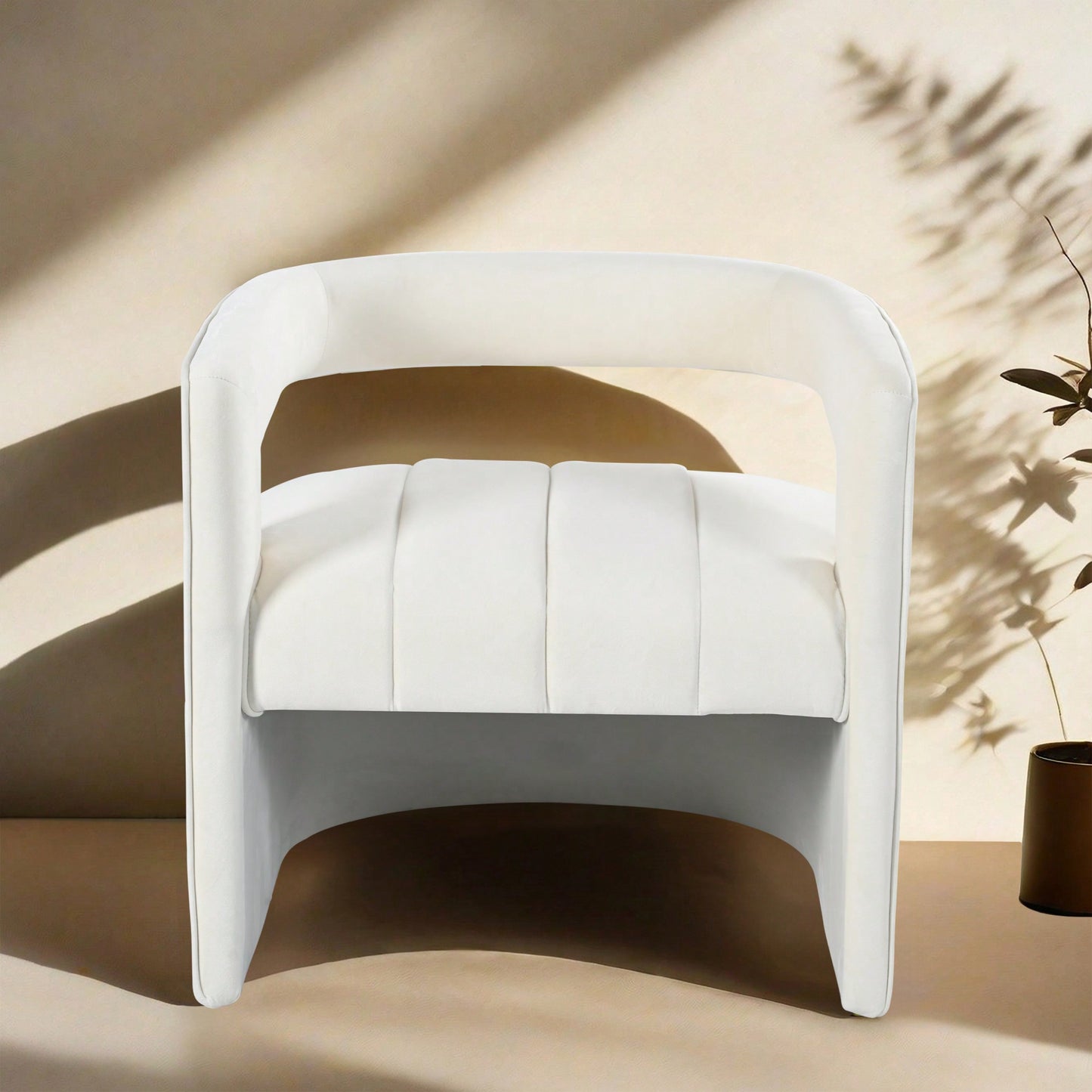 Luxury Curved Velvet Accent Chair With Ribbed Detailing - Ivory White Fully Upholstered Design, No Assembly Required