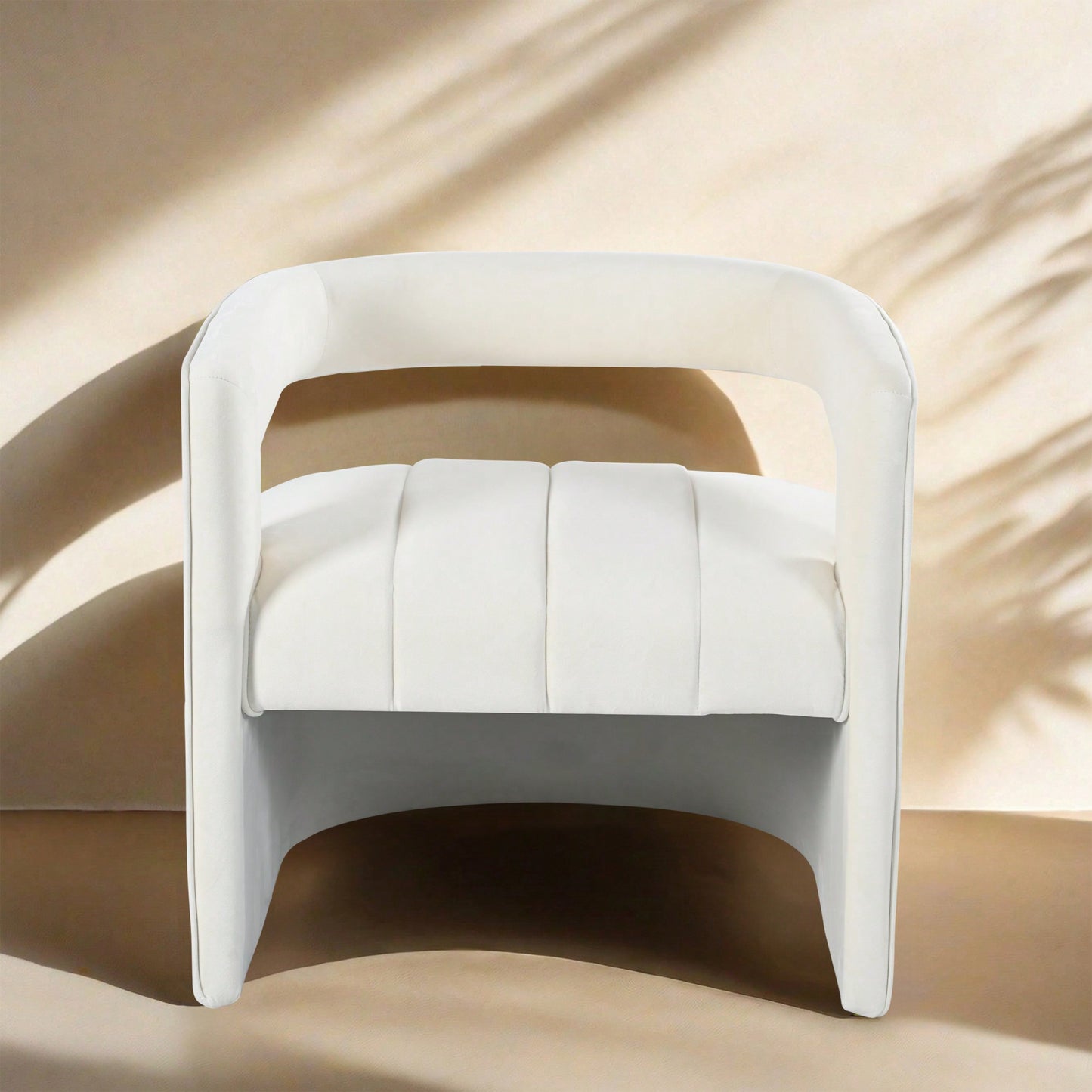 Luxury Curved Velvet Accent Chair With Ribbed Detailing - Ivory White Fully Upholstered Design, No Assembly Required
