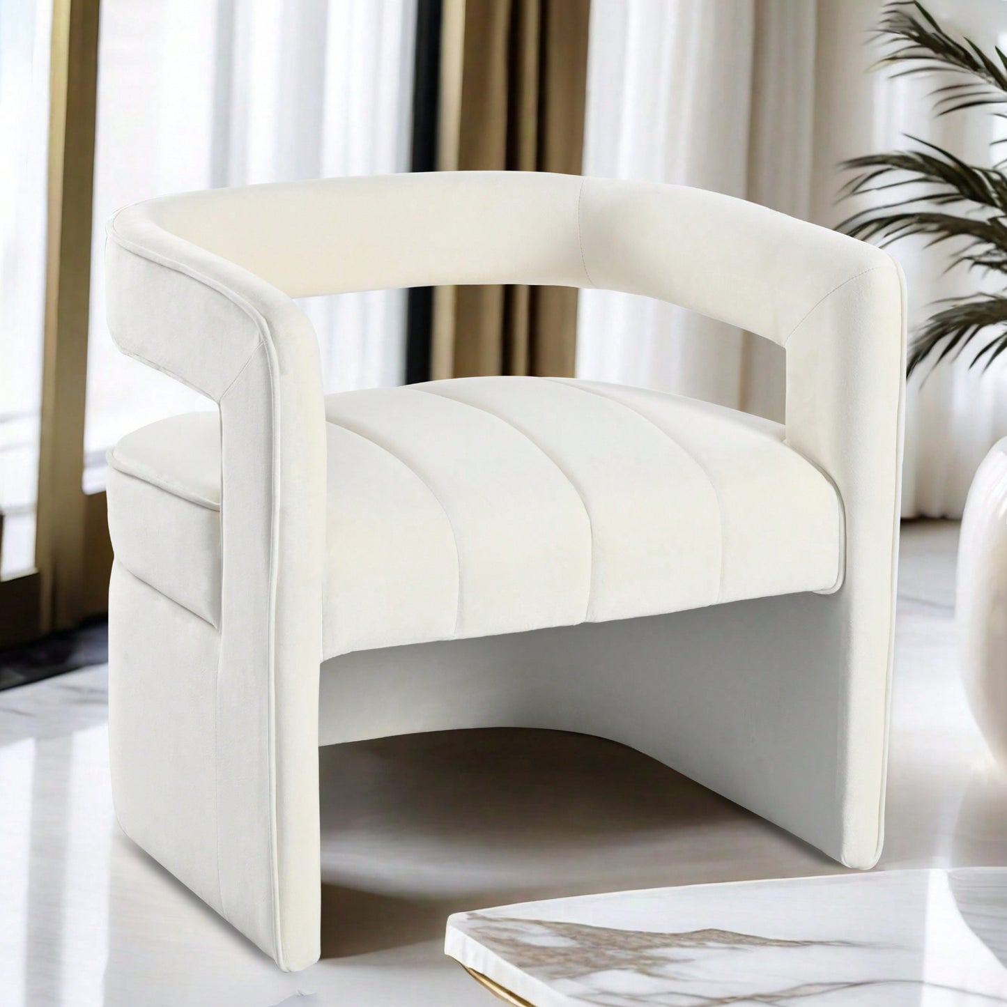 Luxury Curved Velvet Accent Chair With Ribbed Detailing - Ivory White Fully Upholstered Design, No Assembly Required