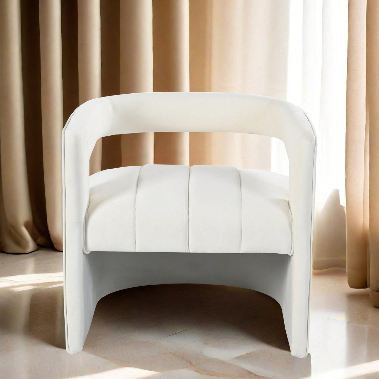 Luxury Curved Velvet Accent Chair With Ribbed Detailing - Ivory White Fully Upholstered Design, No Assembly Required
