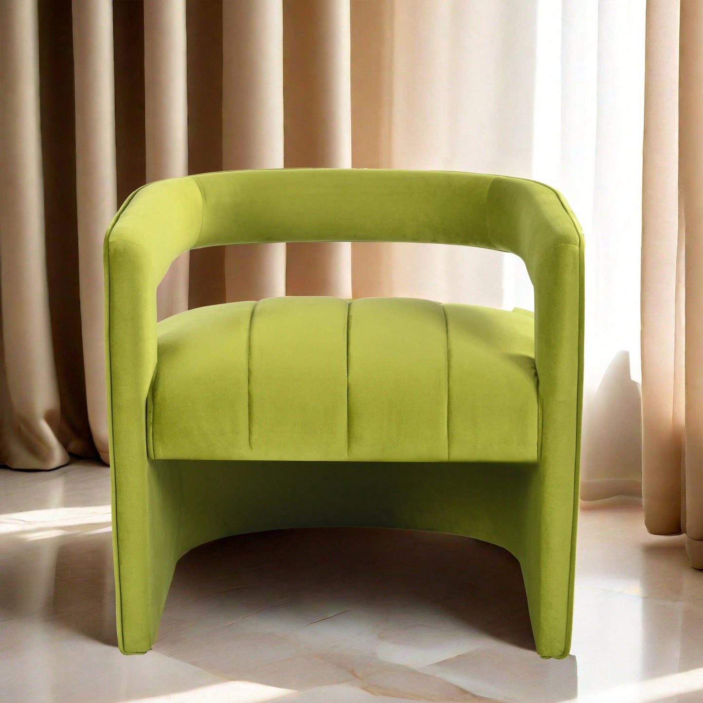 Luxury Curved Velvet Accent Chair With Ribbed Detailing - Ivory White Fully Upholstered Design, No Assembly Required