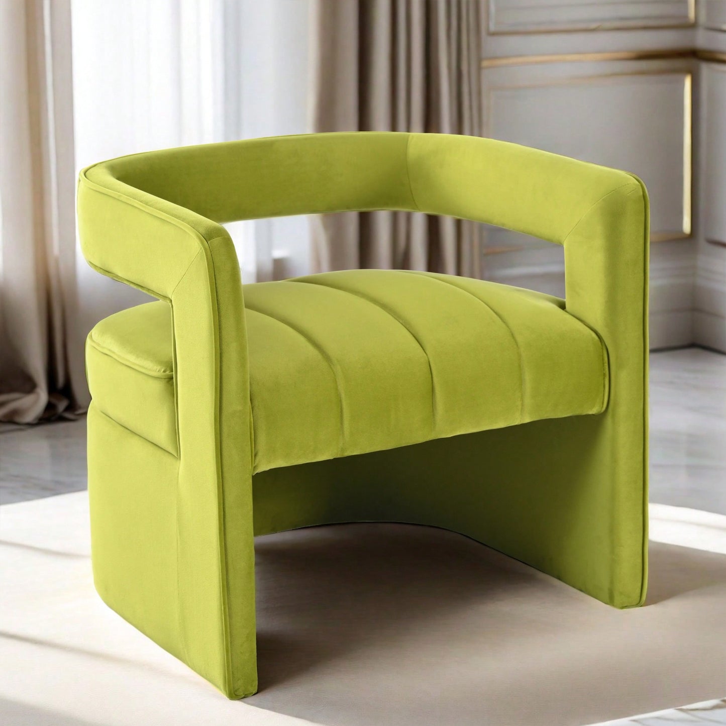 Luxury Curved Velvet Accent Chair With Ribbed Detailing - Ivory White Fully Upholstered Design, No Assembly Required