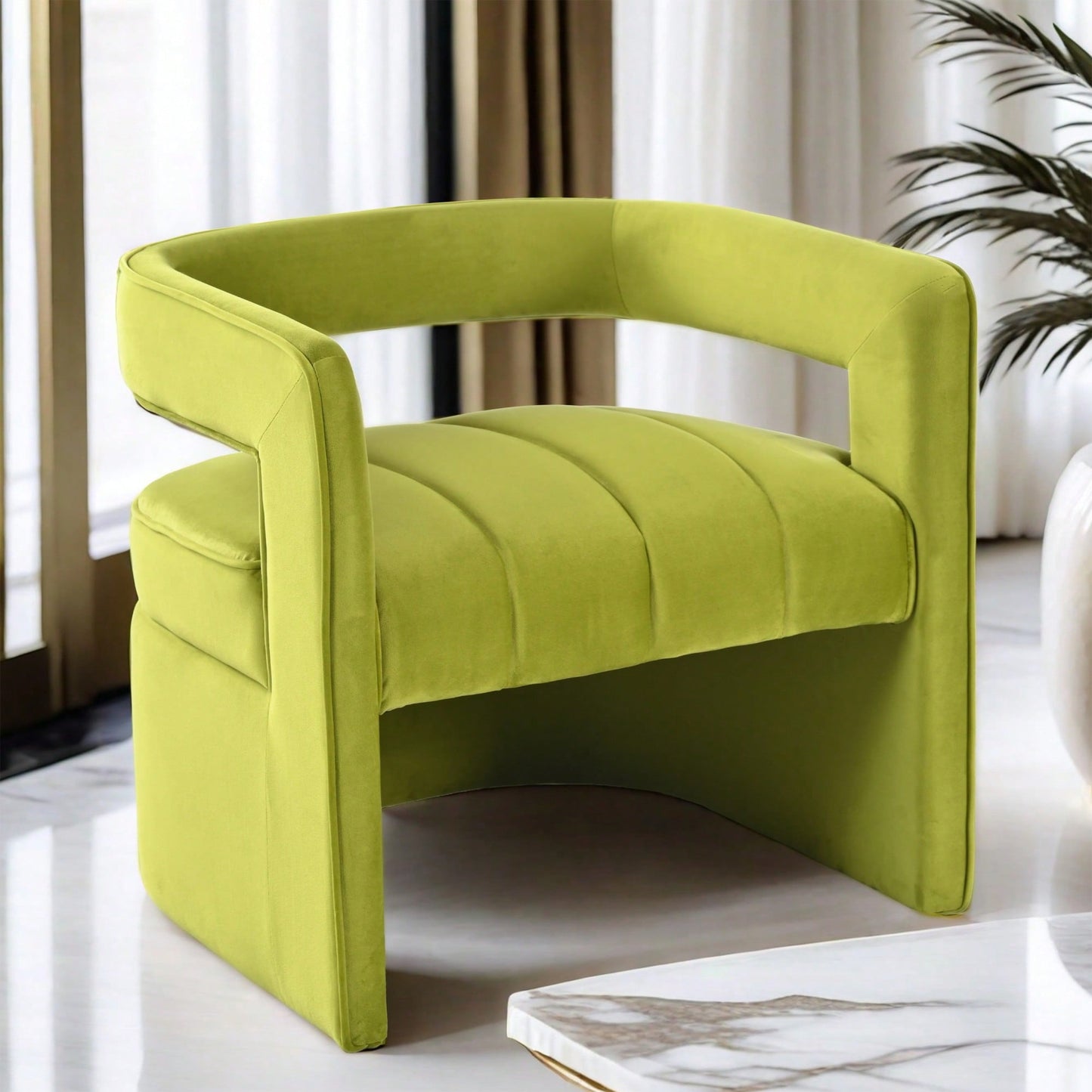 Luxury Curved Velvet Accent Chair With Ribbed Detailing - Ivory White Fully Upholstered Design, No Assembly Required