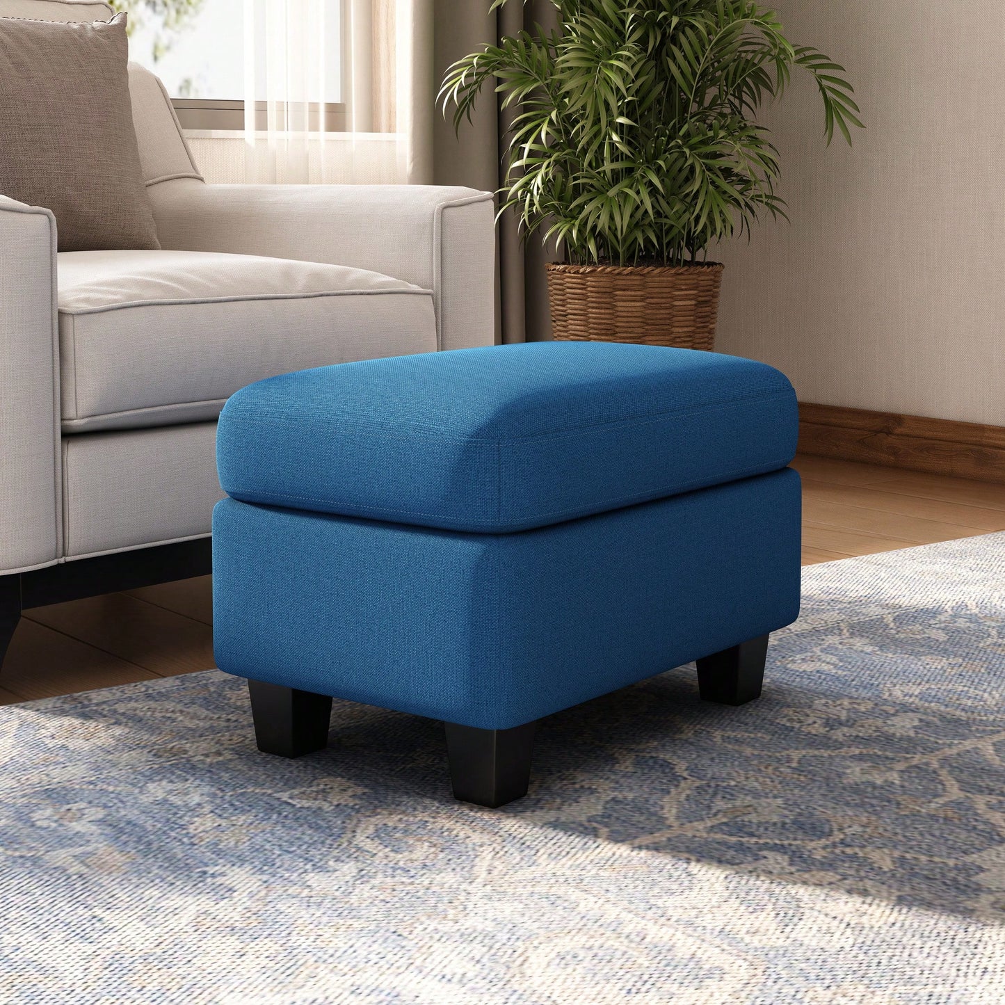 Contemporary Navy Blue Ottoman With Birch Wood Legs For Versatile Home Use