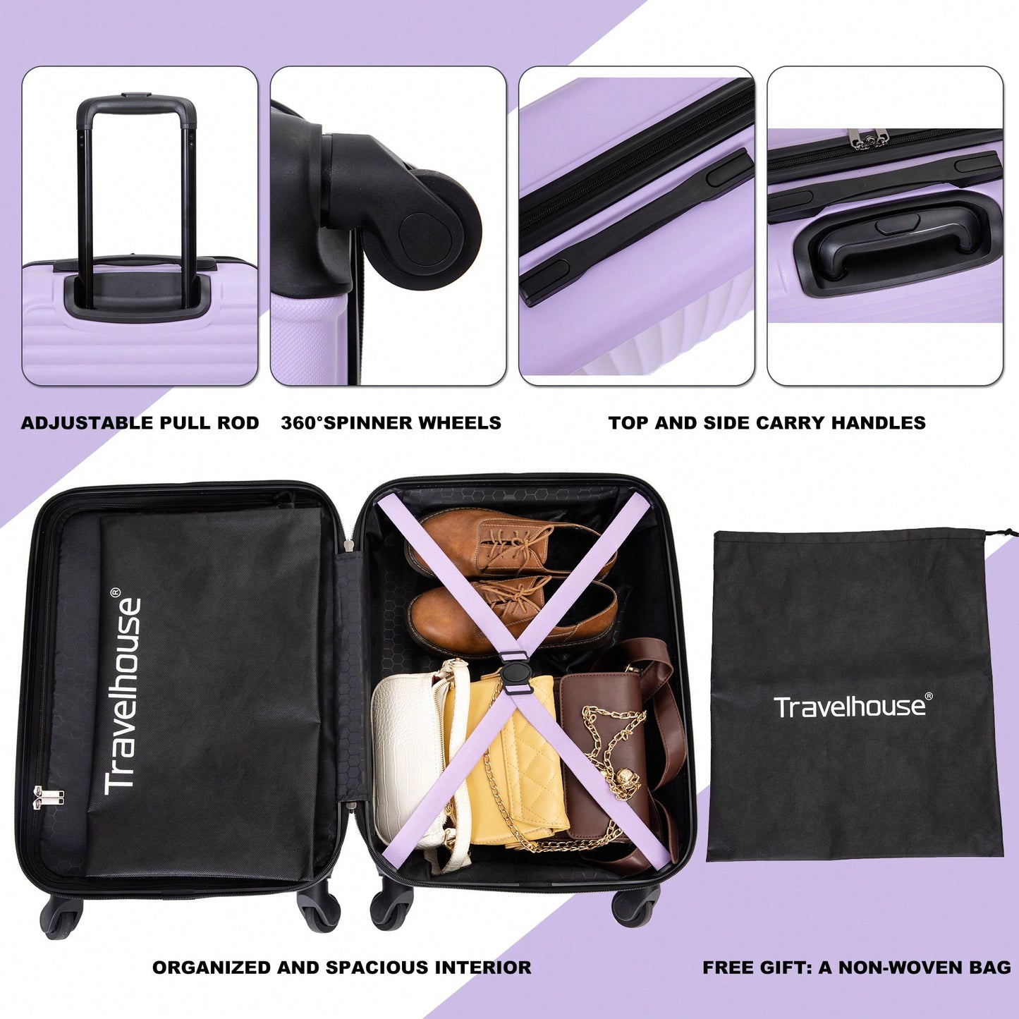 Lavender Purple 20 Inch Lightweight Carry On Luggage with 360° Spinner Wheels and Spacious Interior