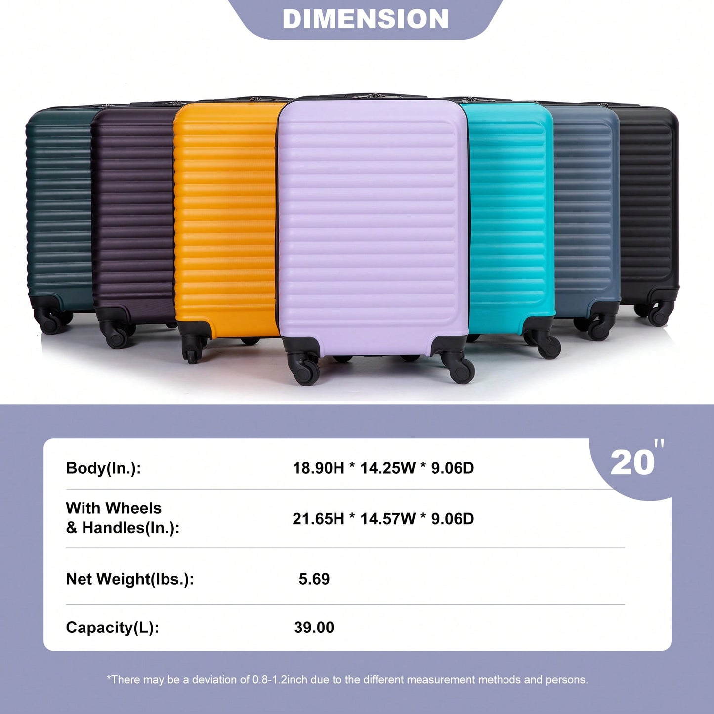 Lavender Purple 20 Inch Lightweight Carry On Luggage with 360° Spinner Wheels and Spacious Interior