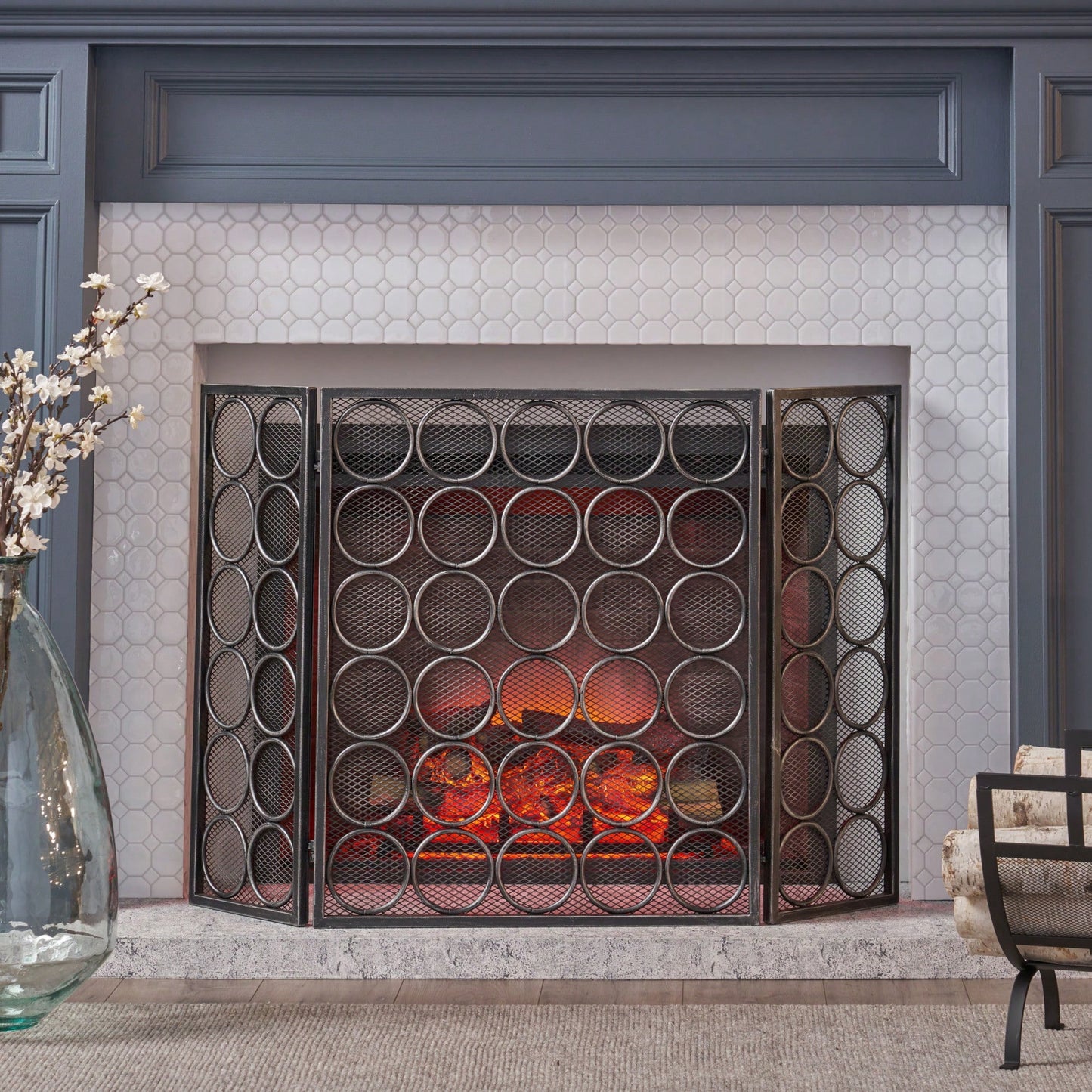 Modern Three Panel Iron Fireplace Screen With Circular Pattern In Black Silver