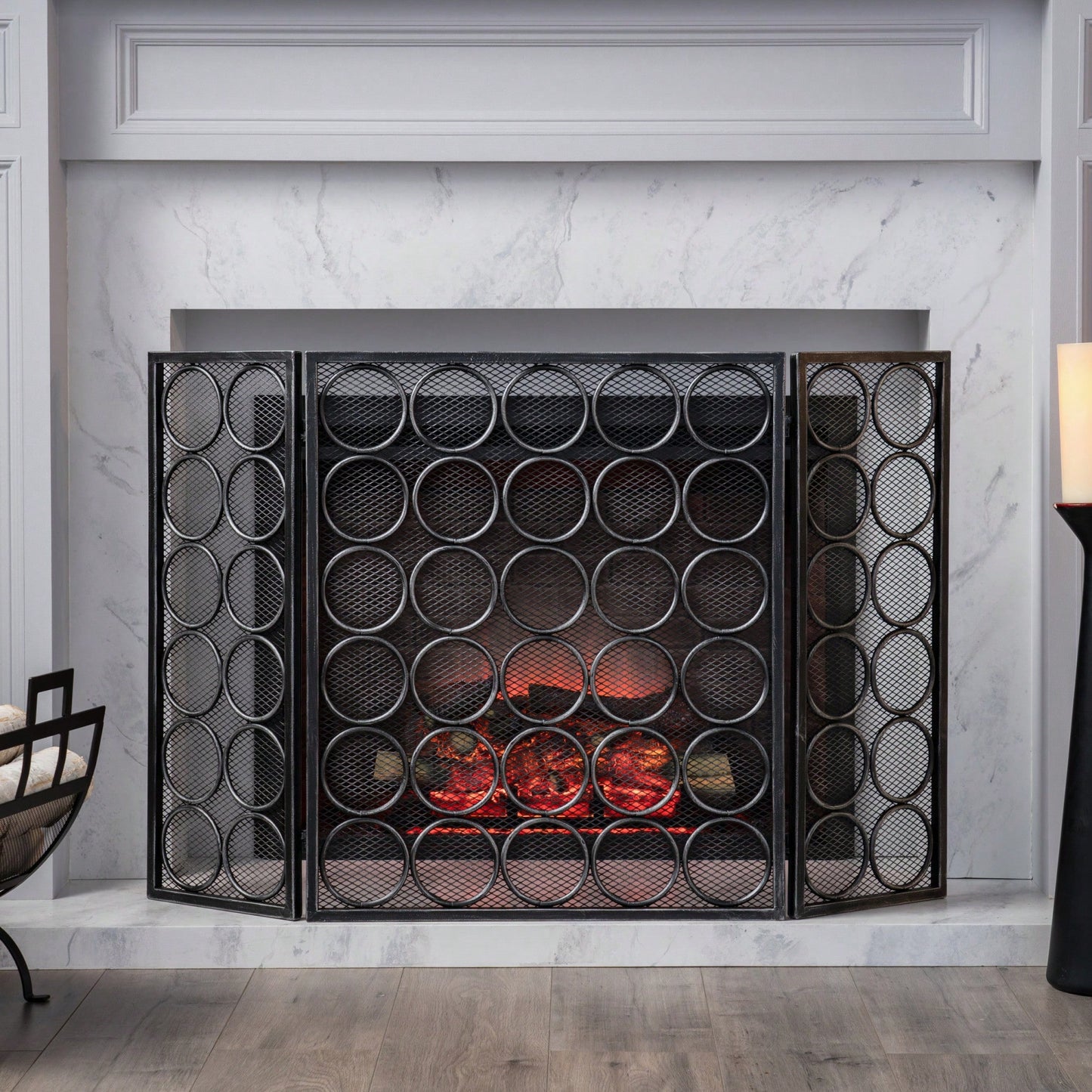 Modern Three Panel Iron Fireplace Screen With Circular Pattern In Black Silver
