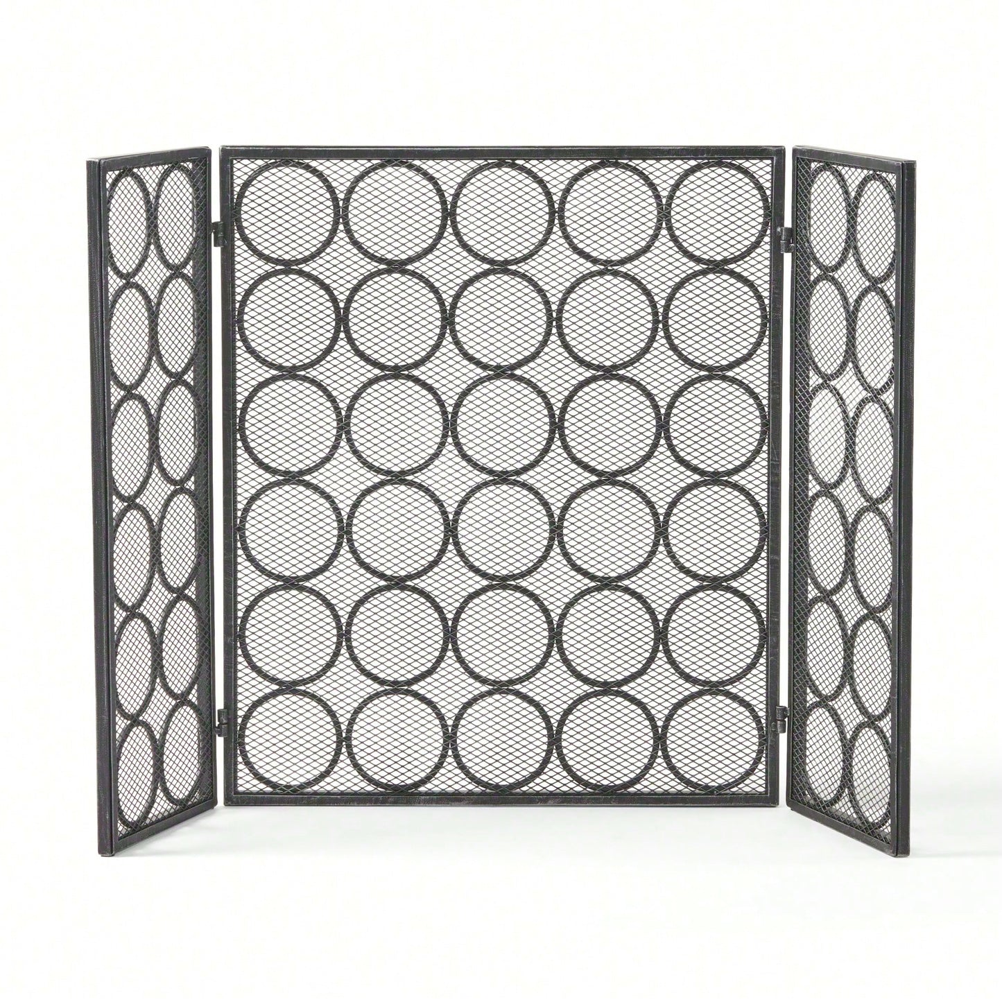 Modern Three Panel Iron Fireplace Screen With Circular Pattern In Black Silver