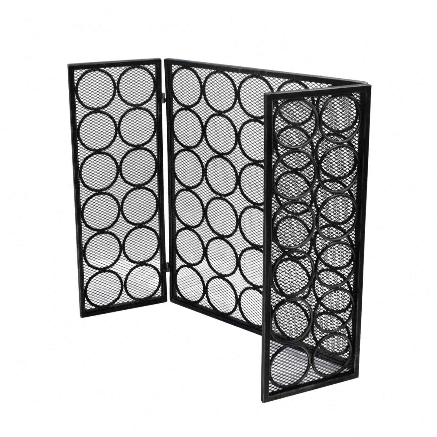 Modern Three Panel Iron Fireplace Screen With Circular Pattern In Black Silver