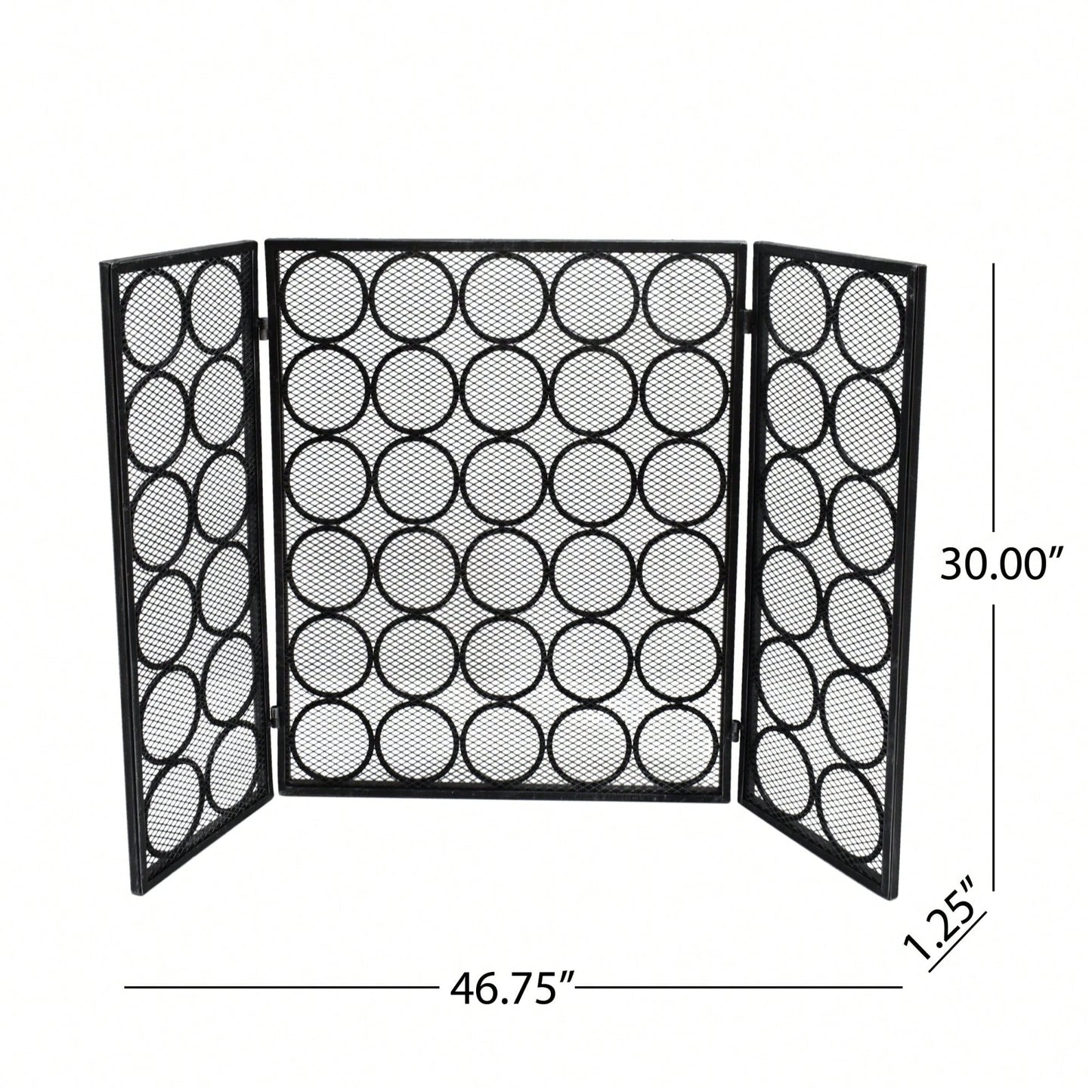 Modern Three Panel Iron Fireplace Screen With Circular Pattern In Black Silver