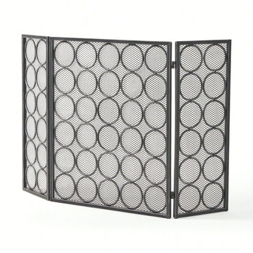 Modern Three Panel Iron Fireplace Screen With Circular Pattern In Black Silver