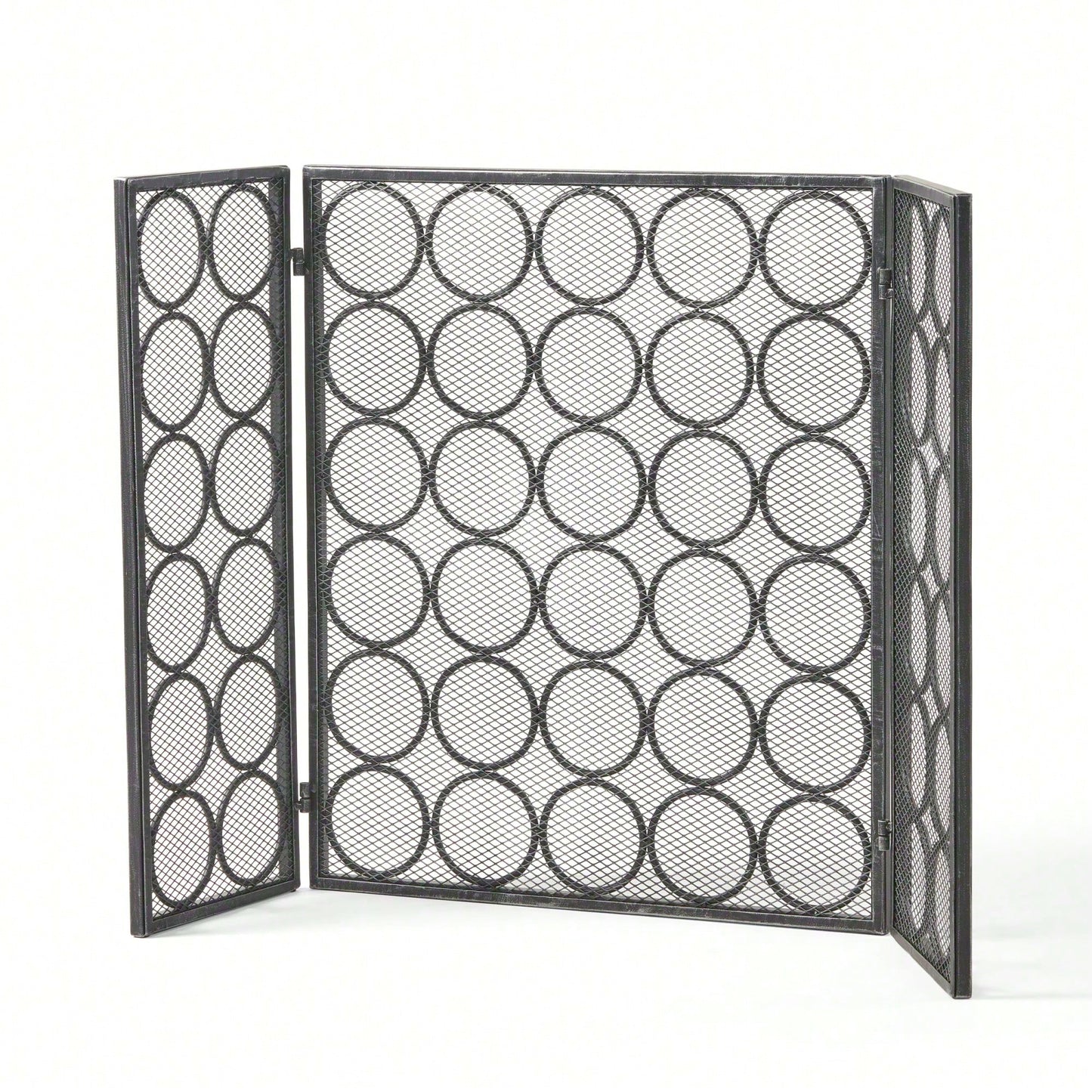 Modern Three Panel Iron Fireplace Screen With Circular Pattern In Black Silver