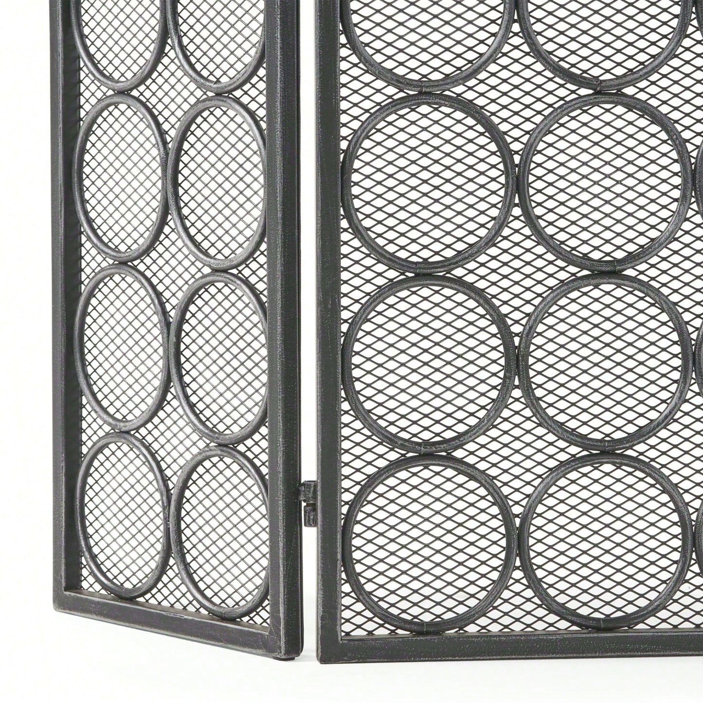 Modern Three Panel Iron Fireplace Screen With Circular Pattern In Black Silver