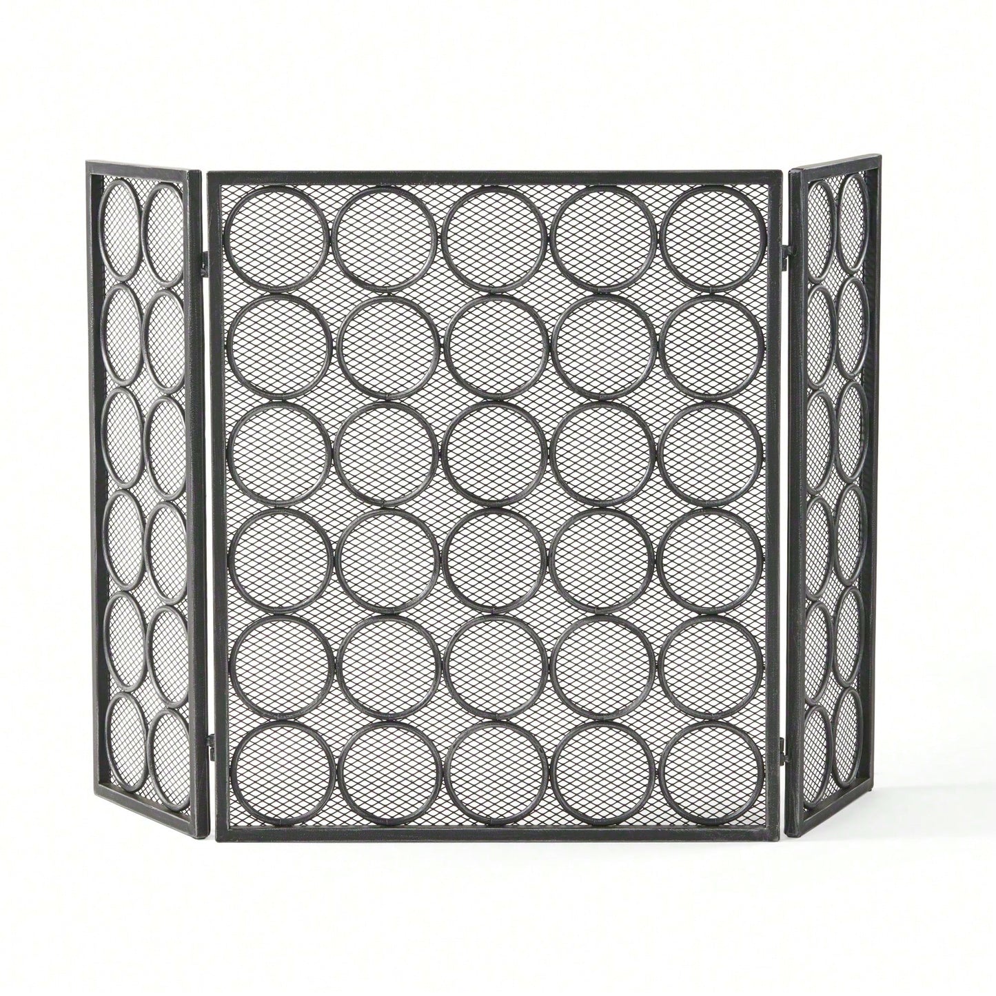 Modern Three Panel Iron Fireplace Screen With Circular Pattern In Black Silver