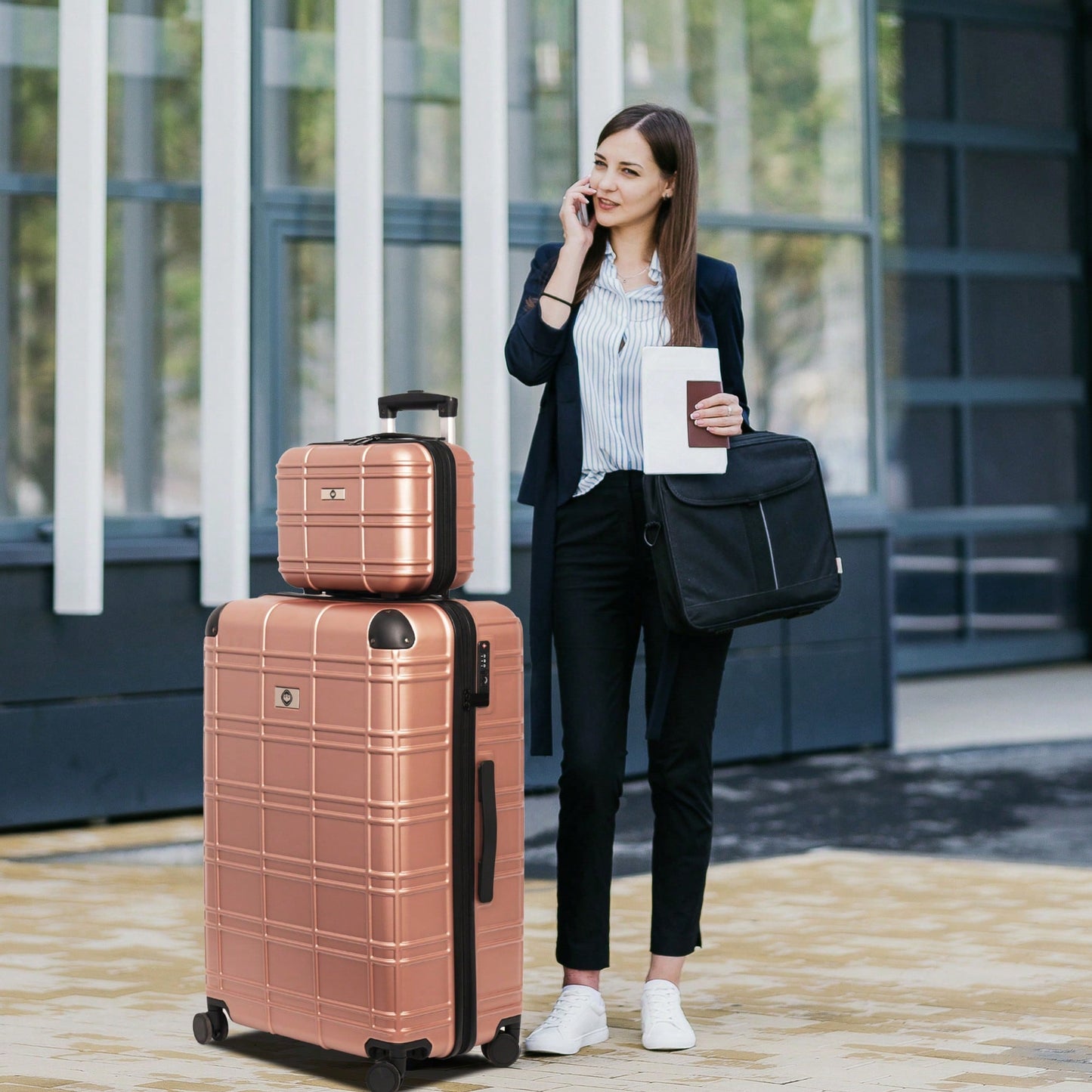 Lightweight Rose Gold Hardshell Luggage Set 4pcs with 360-Degree Spinner Wheels and TSA Lock Suitcases for Travel 12 20 24 28 Inches