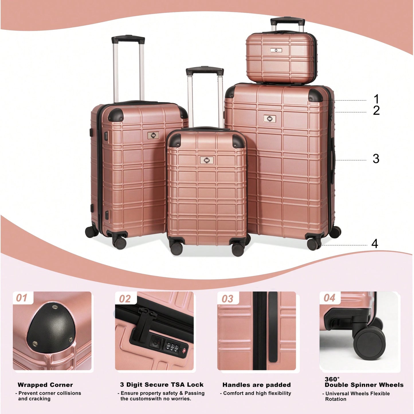 Lightweight Rose Gold Hardshell Luggage Set 4pcs with 360-Degree Spinner Wheels and TSA Lock Suitcases for Travel 12 20 24 28 Inches